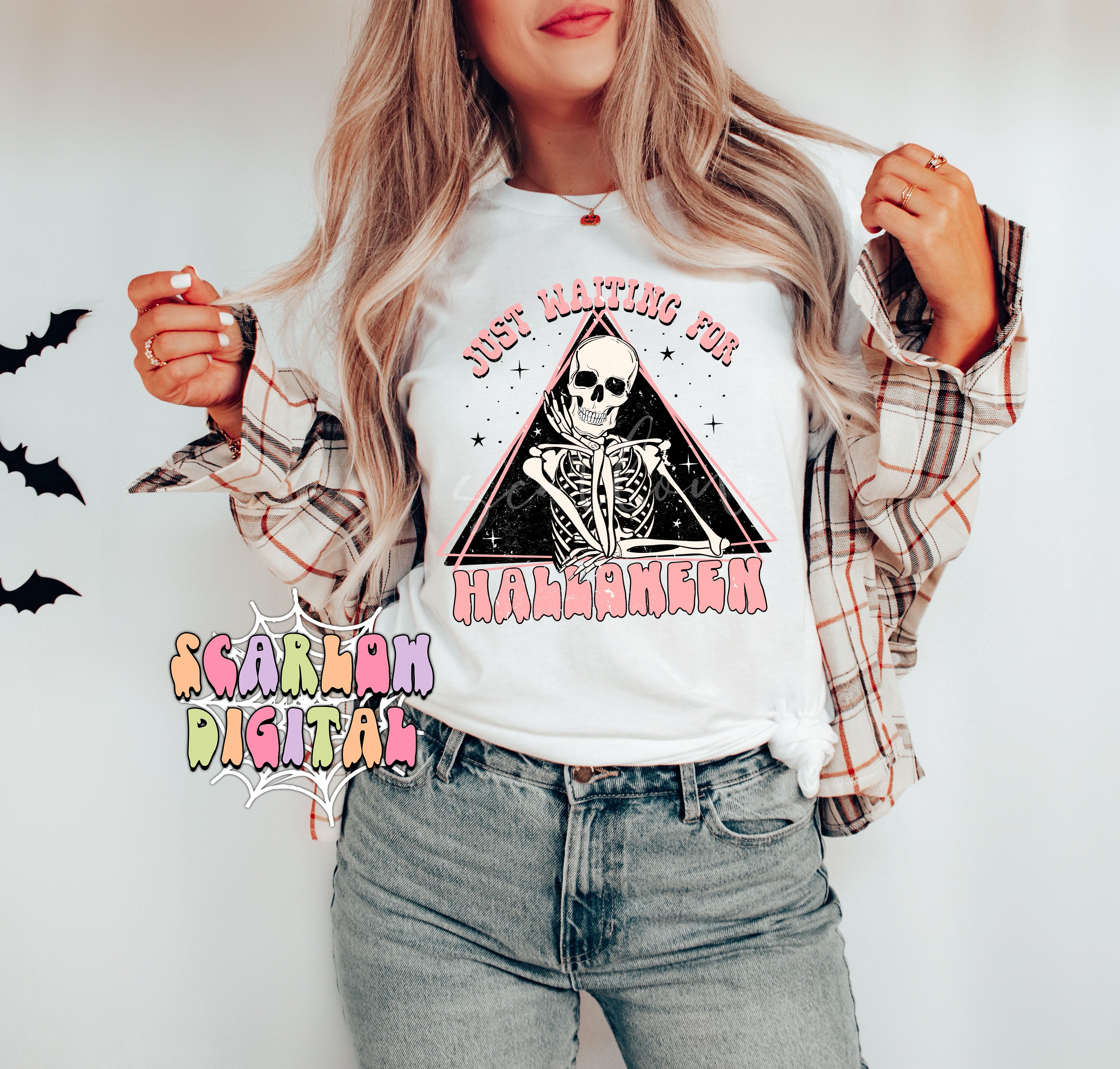 Just Waiting For Halloween-Skeleton Sublimation Digital Design Download-spooky season png, skull png, fall png, funny halloween png design 2