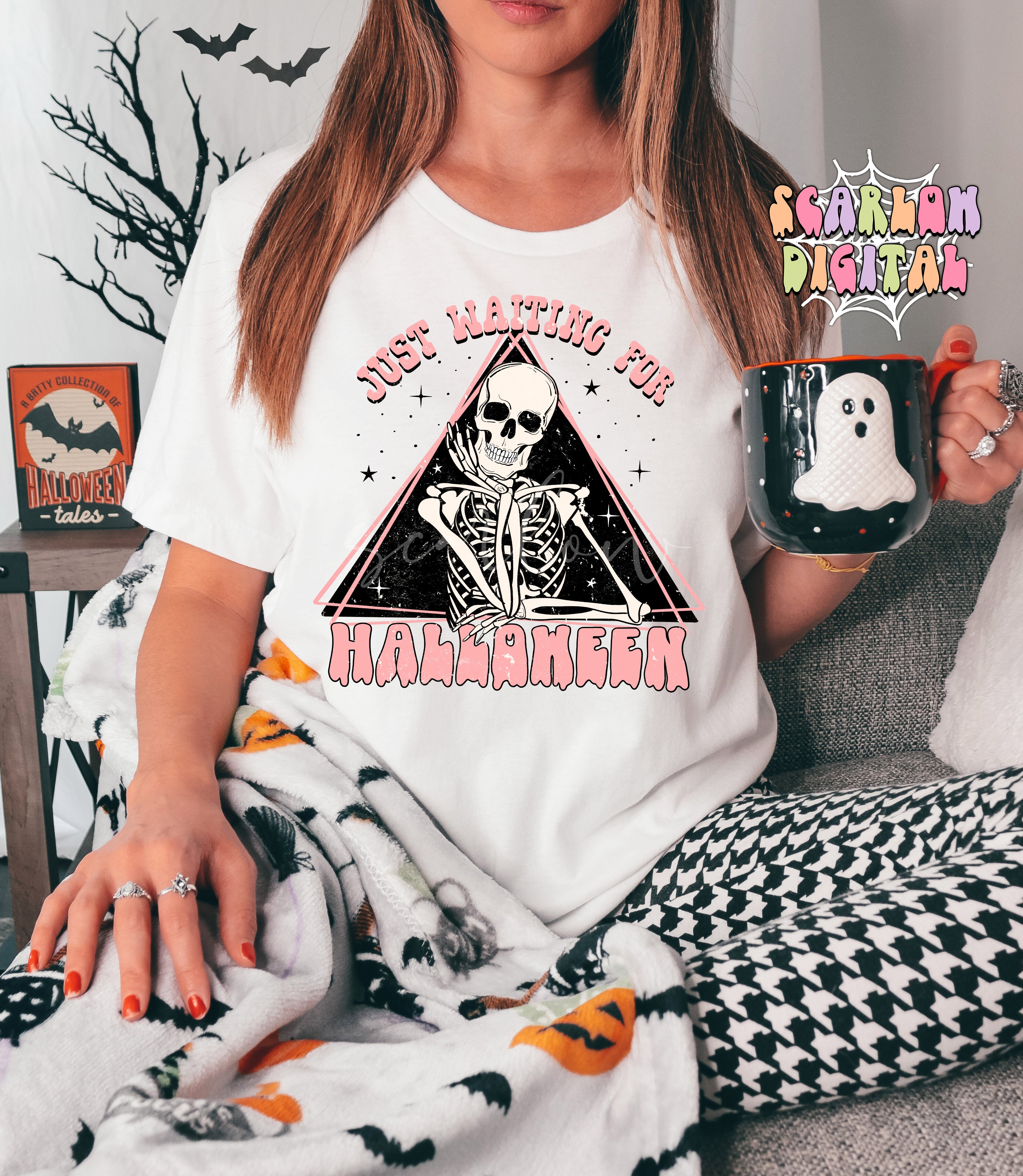 Just Waiting For Halloween-Skeleton Sublimation Digital Design Download-spooky season png, skull png, fall png, funny halloween png design 3