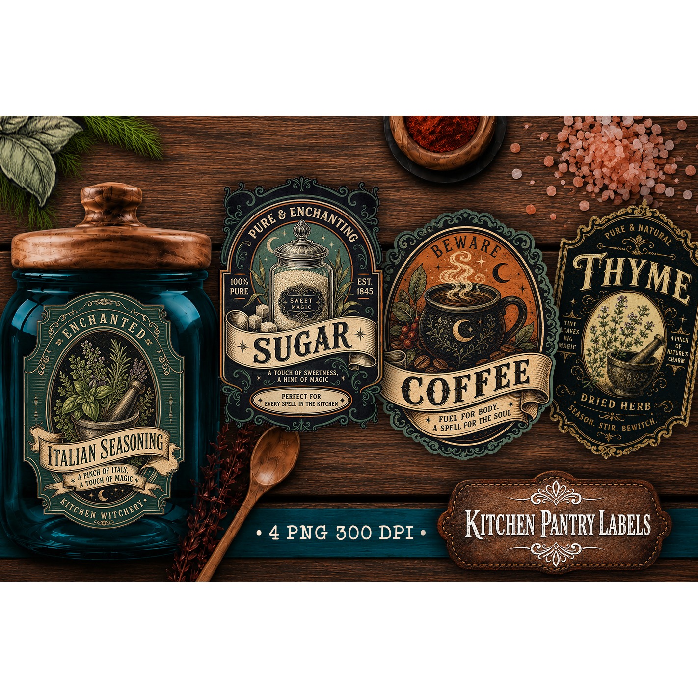 Kitchen Pantry labels, Witchy magic kitchen 4 PNG labels