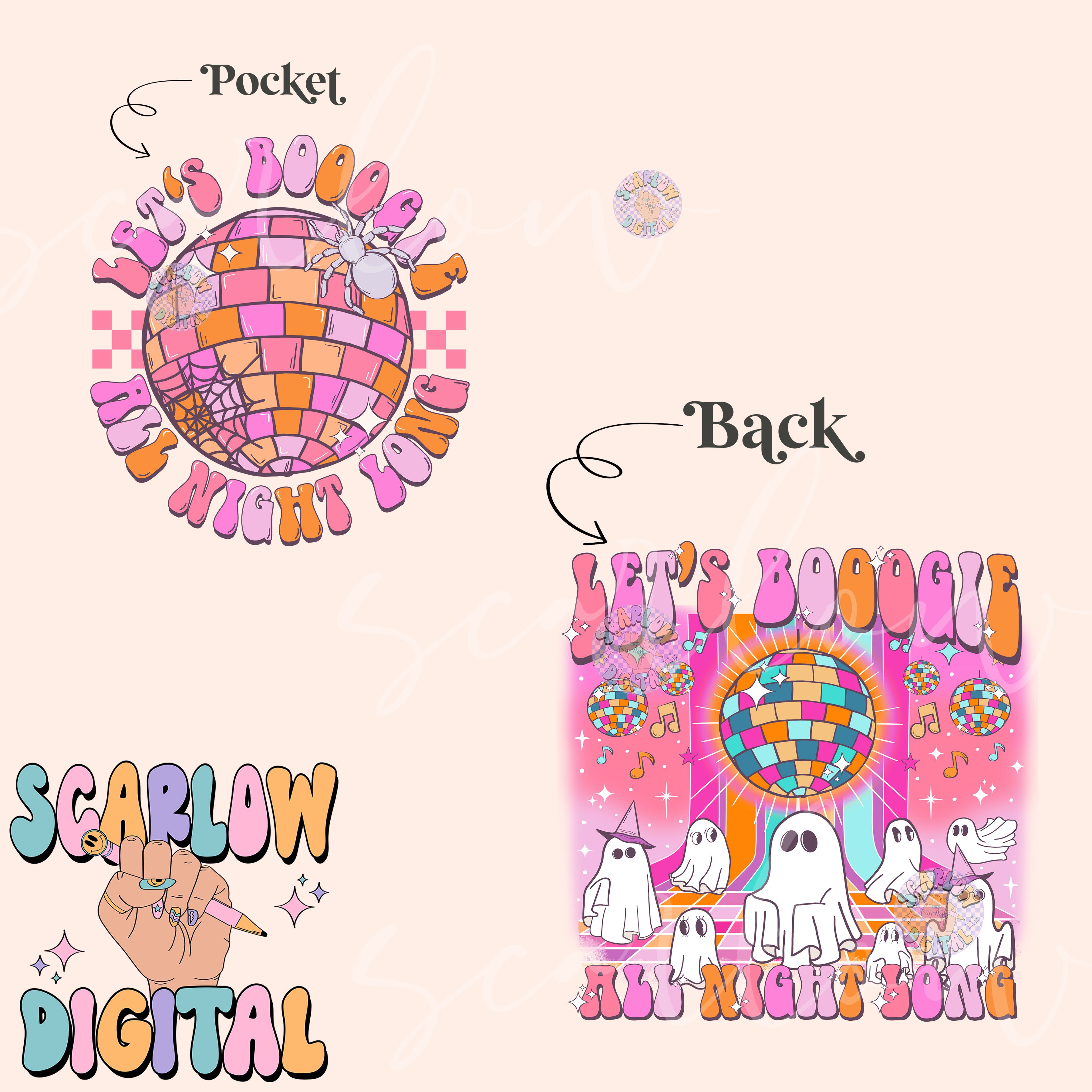 Let's Booogie All Night Long Front and Back PNG Digital Design Download Bundle, halloween front and back png, groovy png, ghost png designs 2