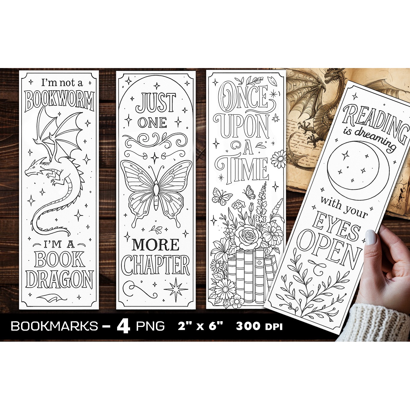 Magic books coloring bookmark, Dragons coloring bookmarks