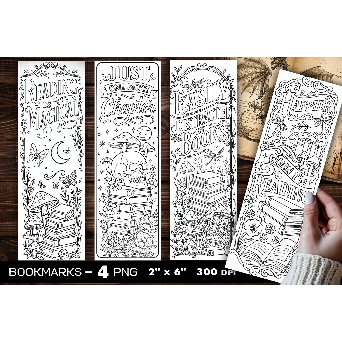 Magic books coloring bookmark, Mushrooms and books bookmarks