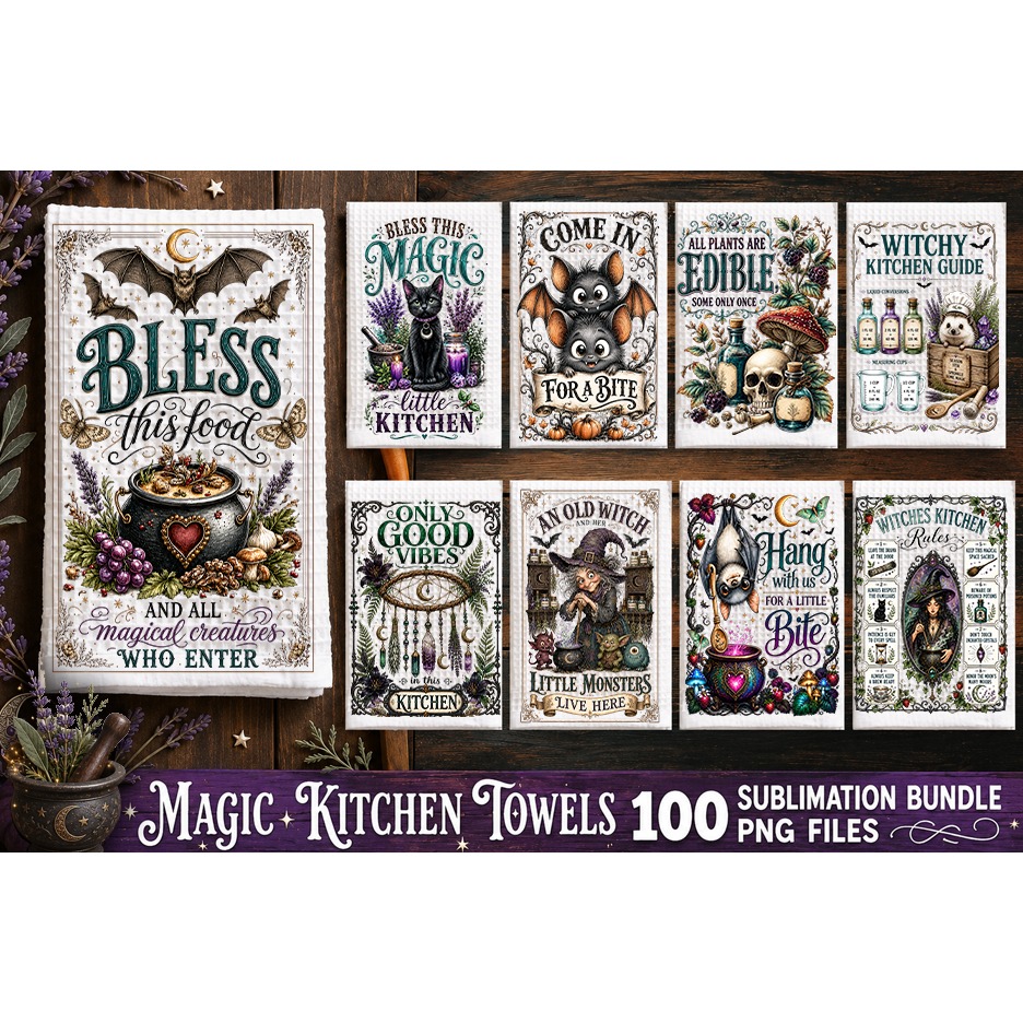Magic Kitchen Towel Sublimation PNG Bundle 100 Designs