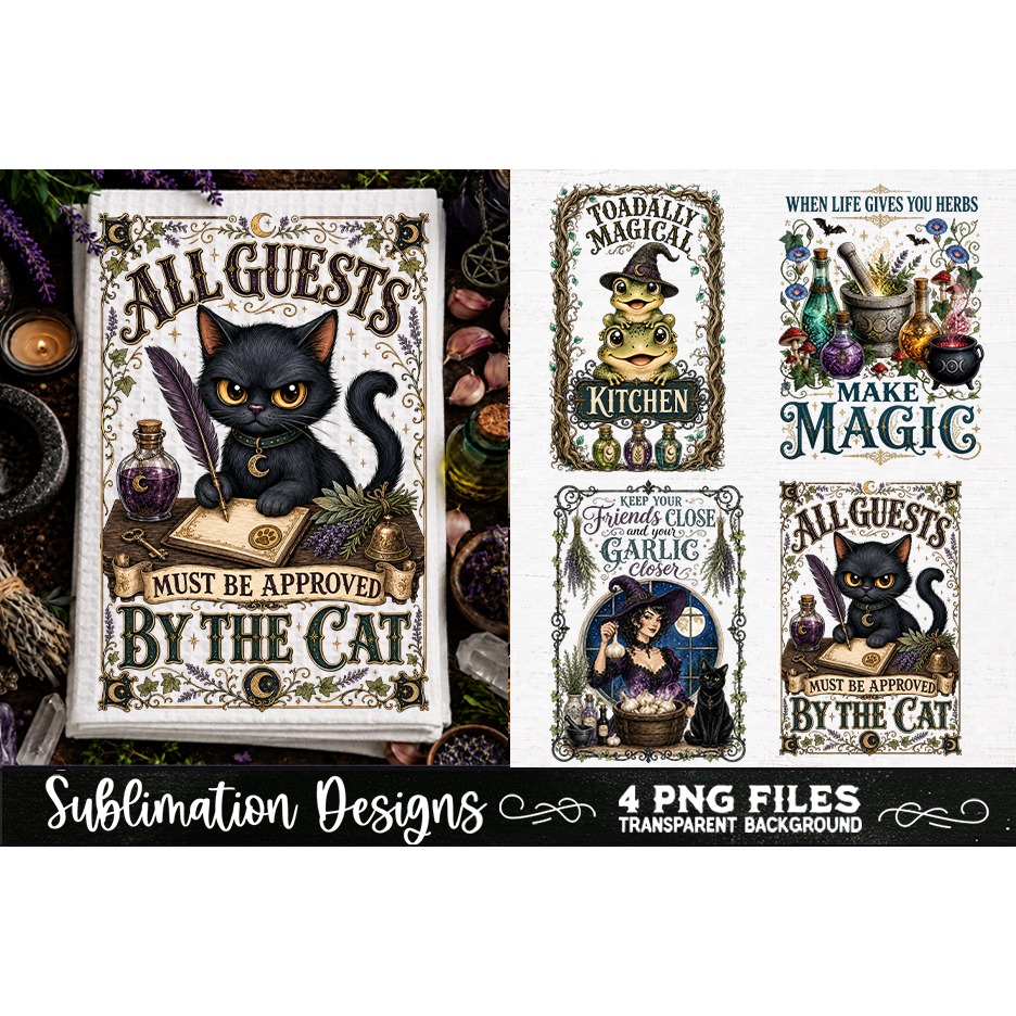 Magic Witchy Kitchen Towels PNG Sublimation Designs 4 Files