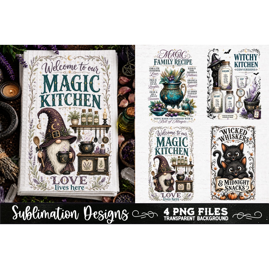 Magic Witchy Kitchen Towels PNG Sublimation Designs 4 Files (3)