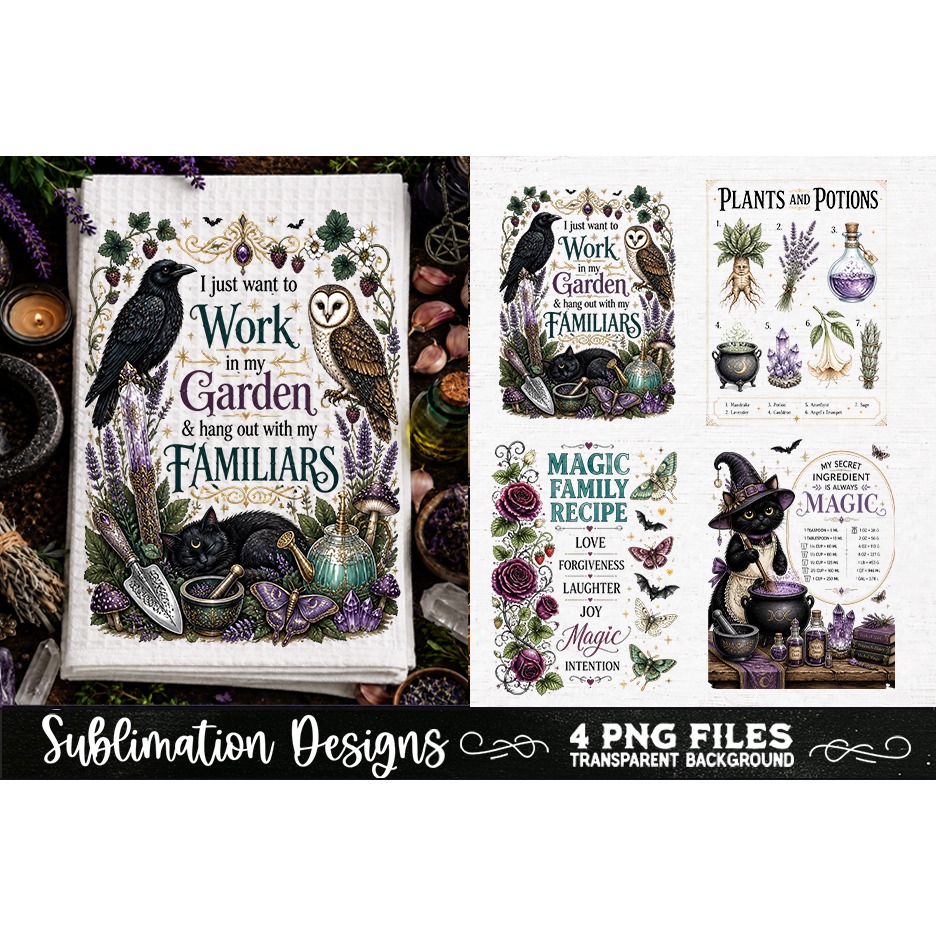 Magic Witchy Kitchen Towels PNG Sublimation Designs 4 Files (4)