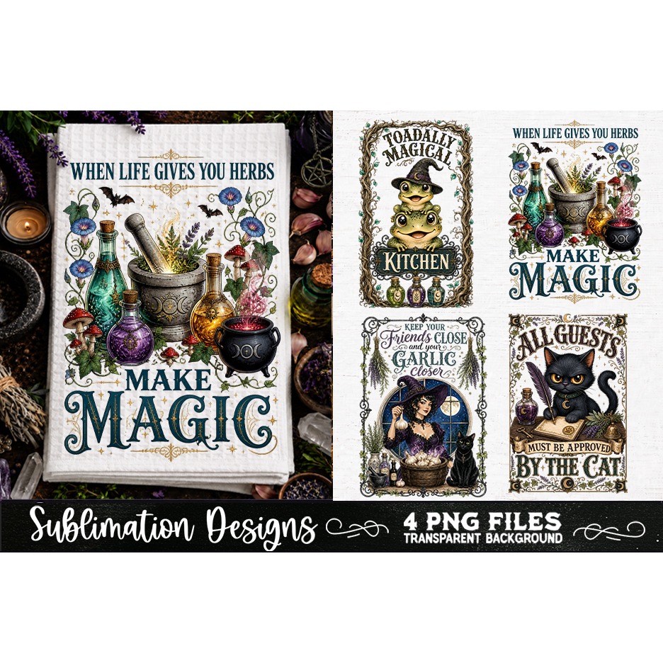 Magic Witchy Kitchen Towels PNG Sublimation Designs 4 Files 2