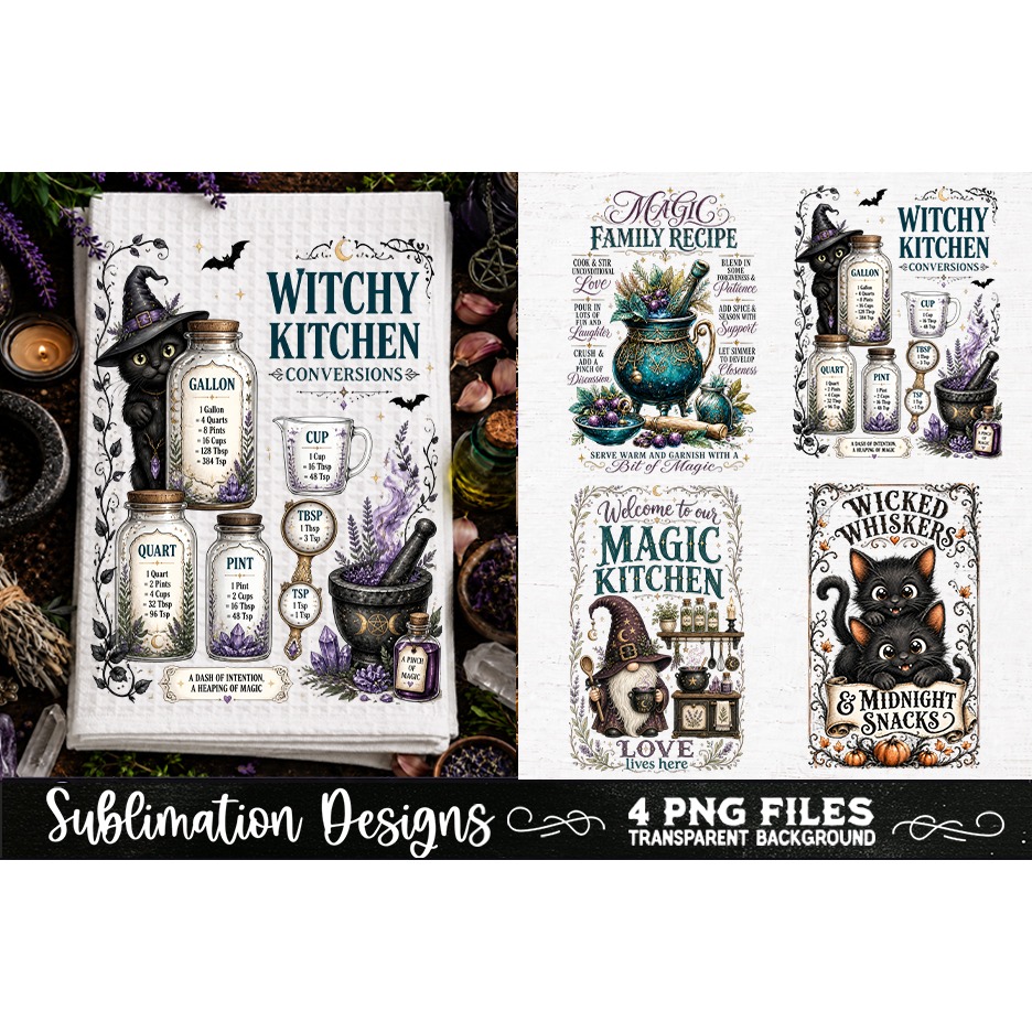 Magic Witchy Kitchen Towels PNG Sublimation Designs 4 Files (3) 2