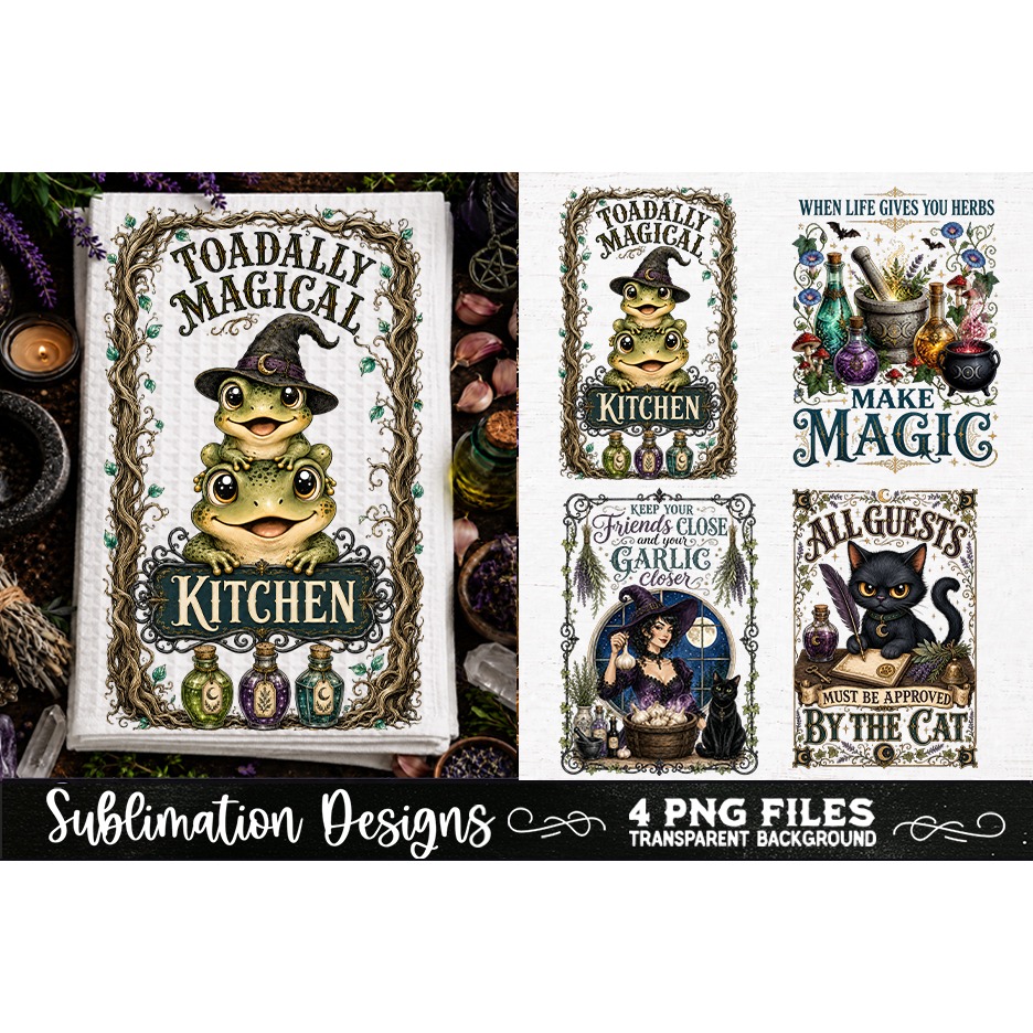 Magic Witchy Kitchen Towels PNG Sublimation Designs 4 Files 4