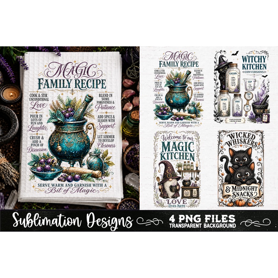 Magic Witchy Kitchen Towels PNG Sublimation Designs 4 Files (3) 4