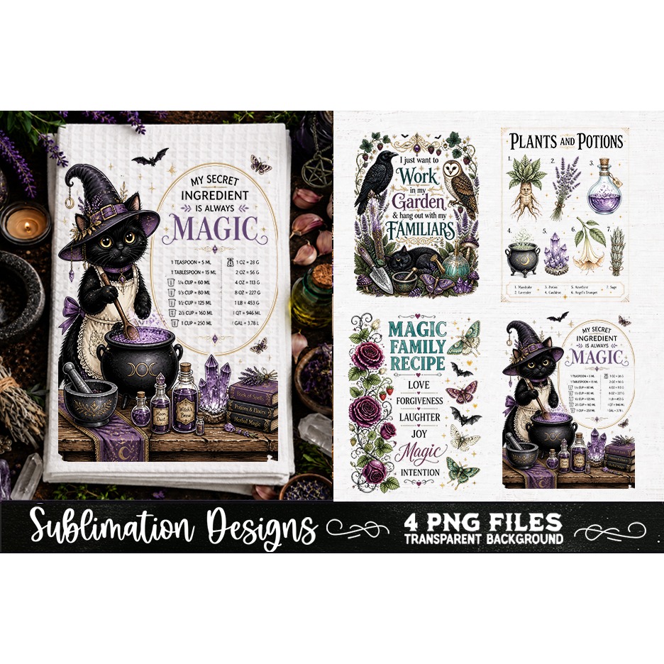 Magic Witchy Kitchen Towels PNG Sublimation Designs 4 Files (4) 4