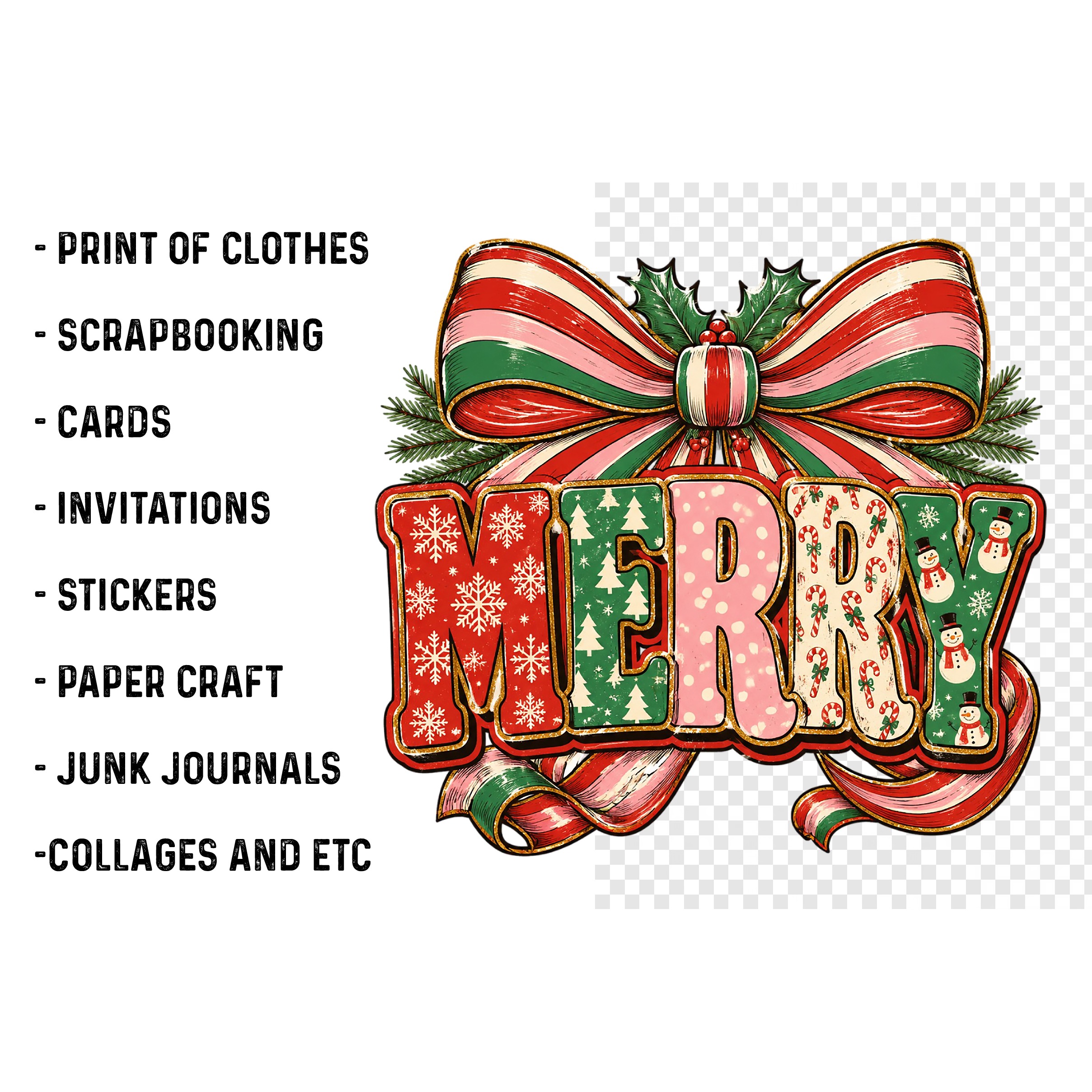 Merry and bright PNG, Preppy Merry Christmas Png (3)