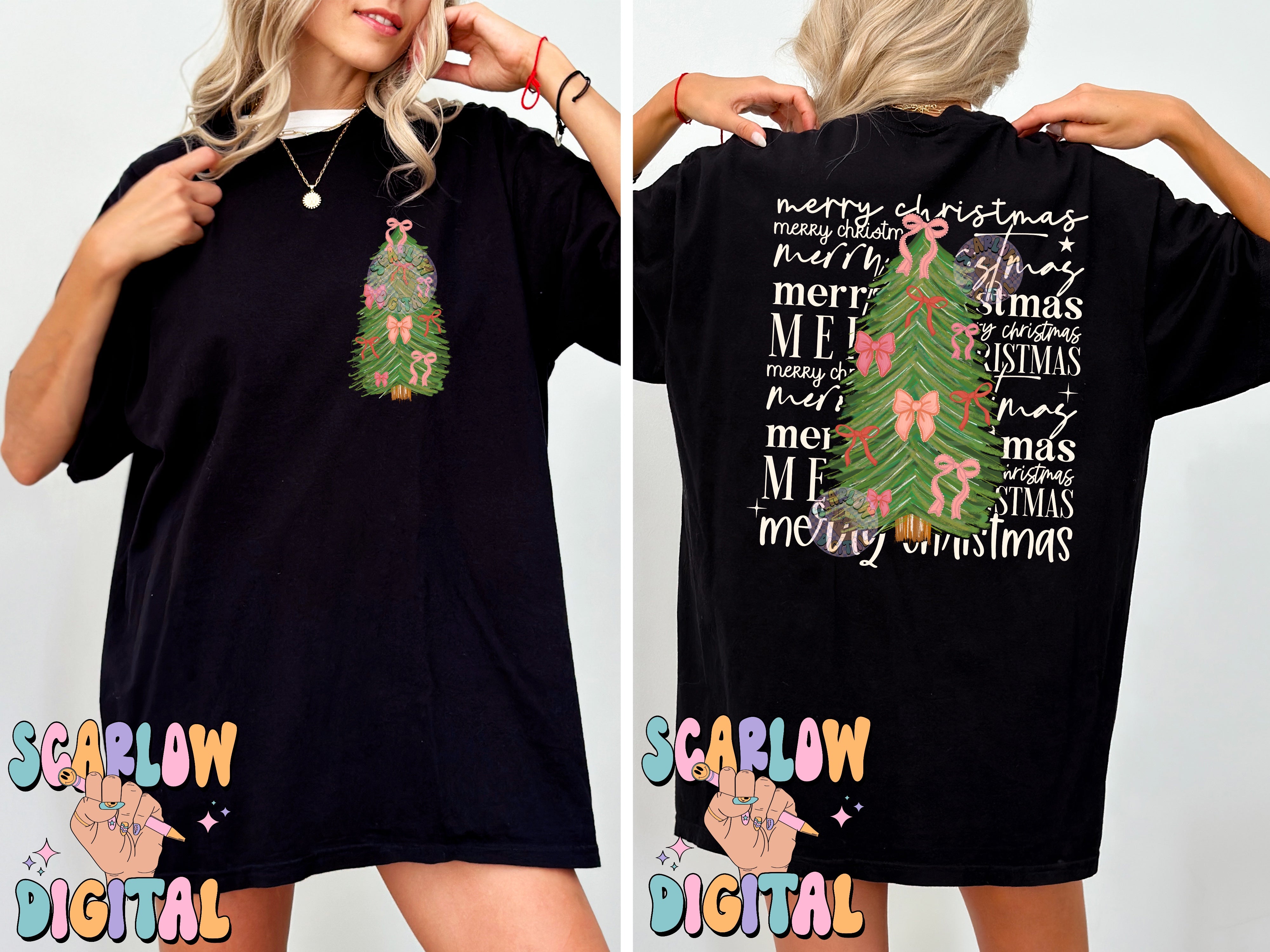 Merry Christmas Front and Back PNG Bundle Digital Design, christmas bows png, christmas tree png, coquette christmas png, happy holidays png, trendy christmas png 3