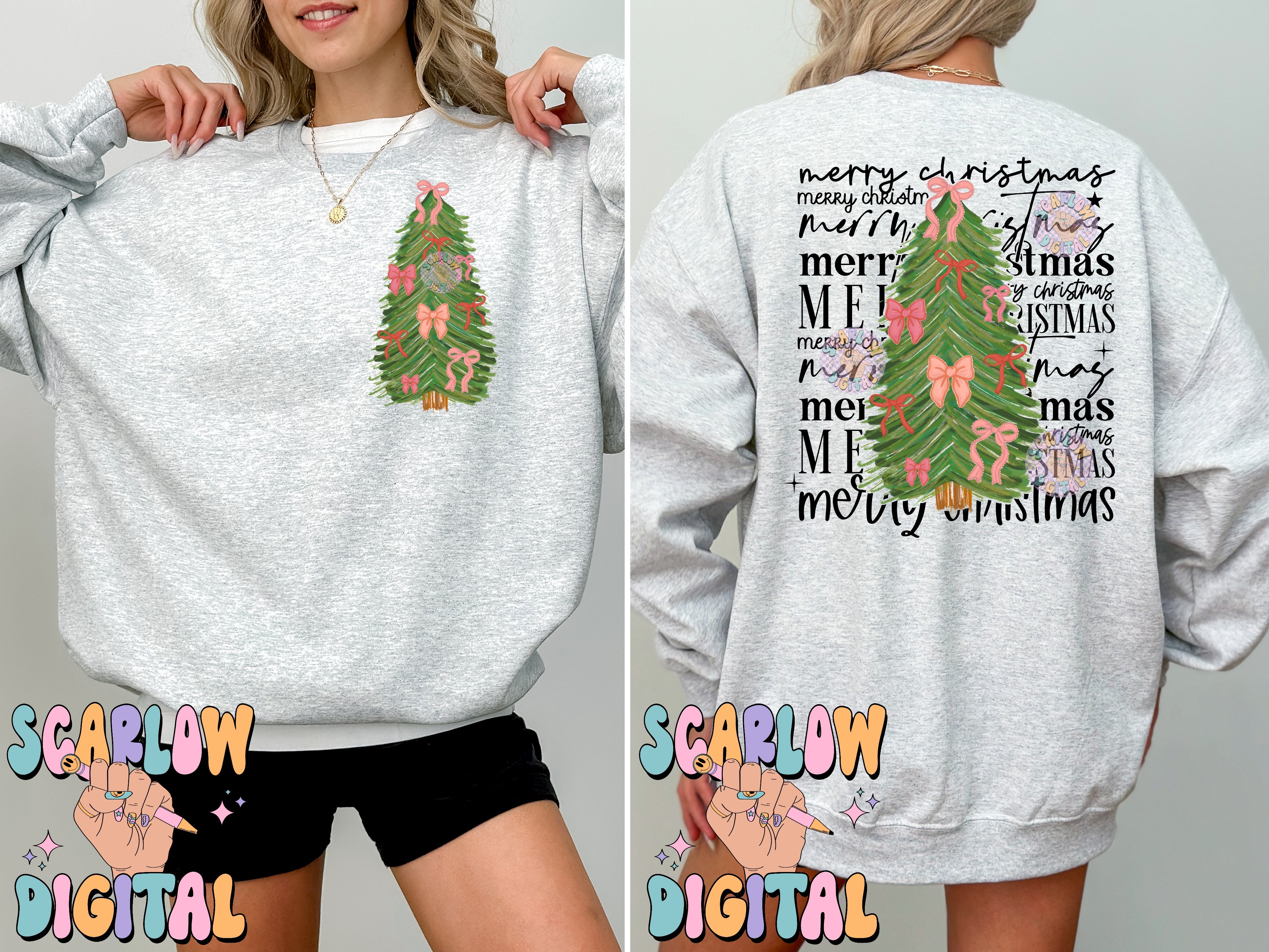 Merry Christmas Front and Back PNG Bundle Digital Design, christmas bows png, christmas tree png, coquette christmas png, happy holidays png, trendy christmas png 5