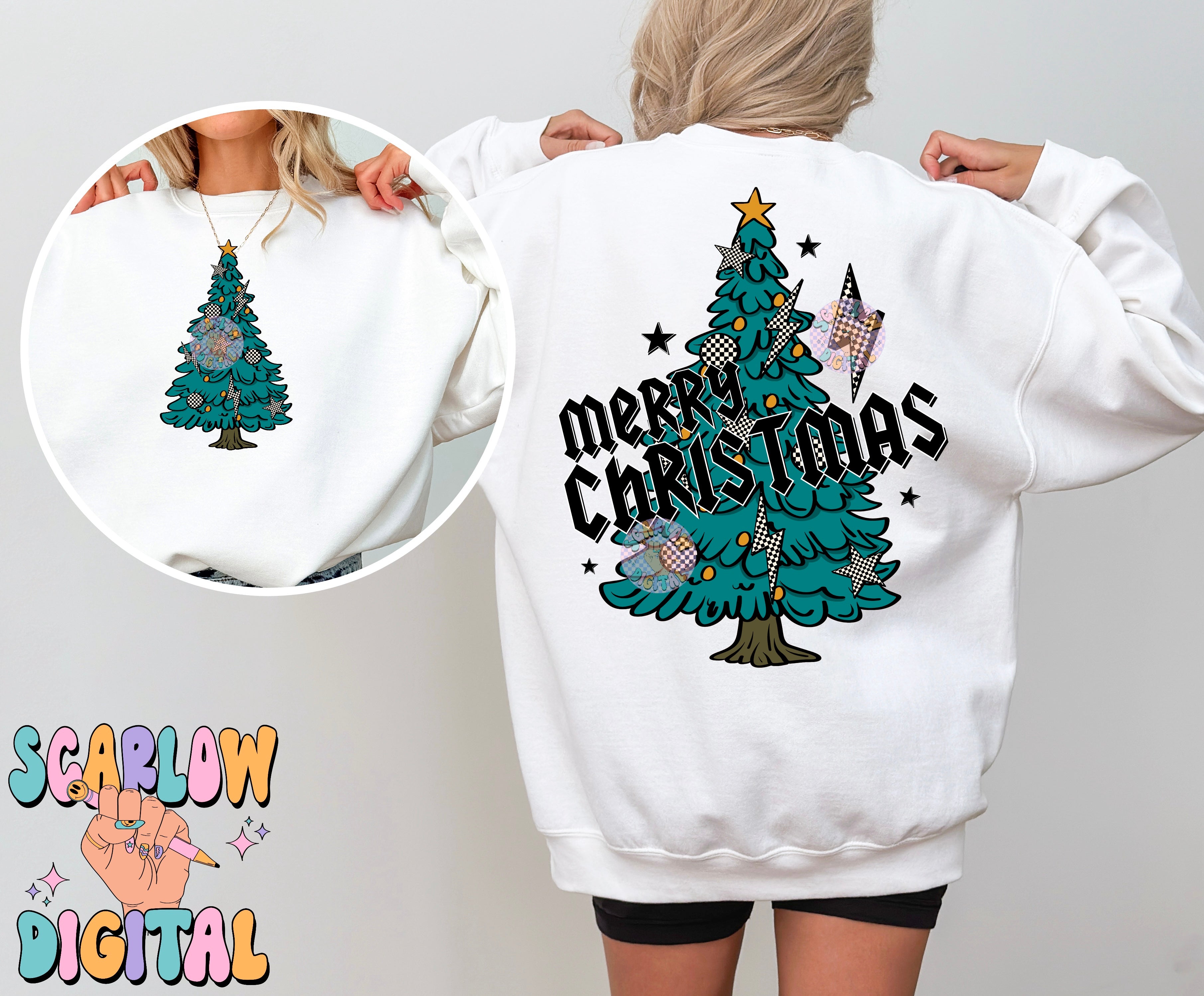 Merry Christmas Rocker Tree Front and Back PNG Digital Design Download, checkered christmas, rocker christmas, boy christmas designs 2