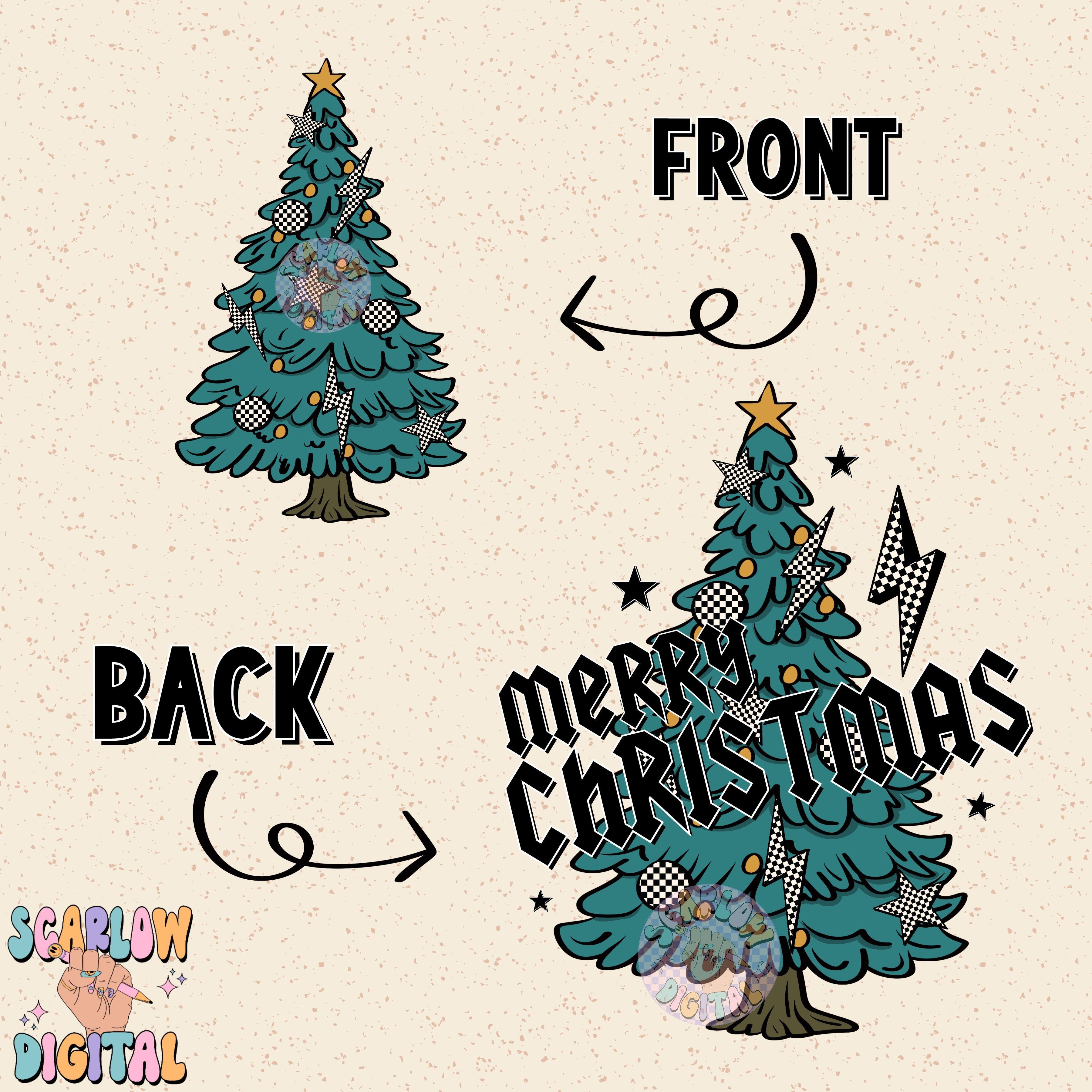Merry Christmas Rocker Tree Front and Back PNG Digital Design Download, checkered christmas, rocker christmas, boy christmas designs 3