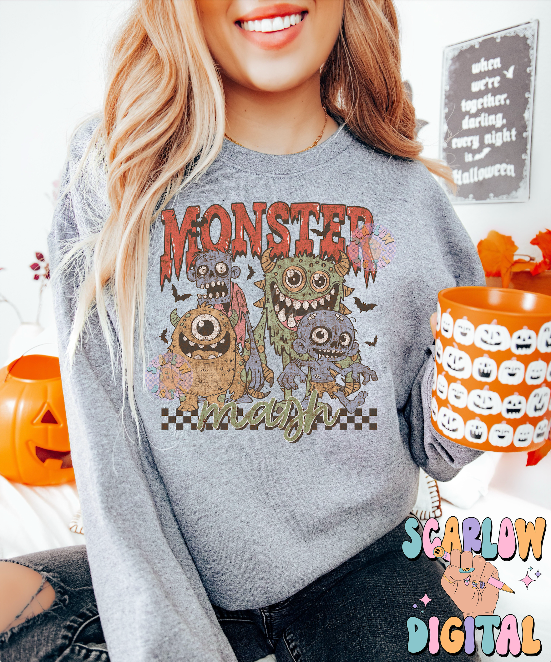 Monsters PNG Digital Design Download, Halloween png, vintage png designs, spooky season png, retro halloween png, zombies png, grunge png 5