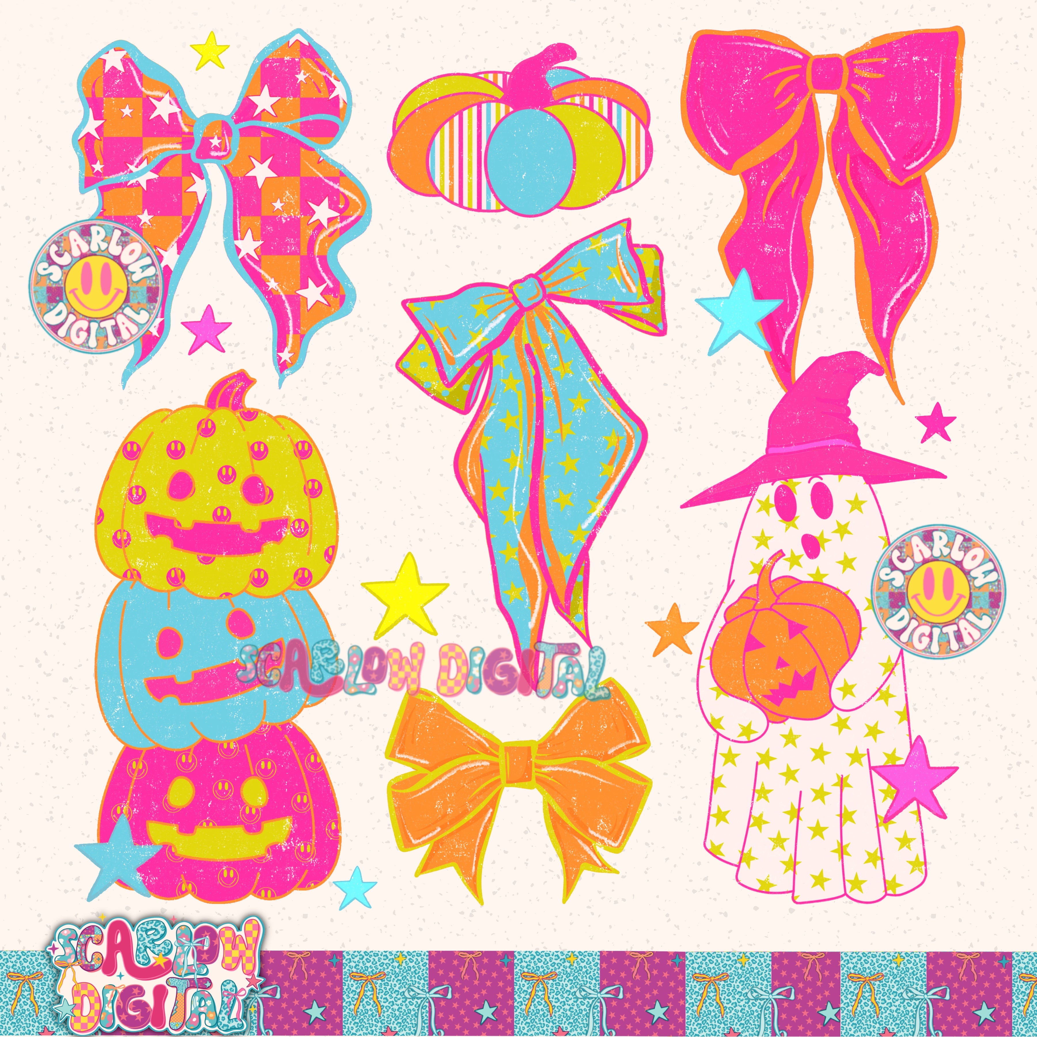 Neon Halloween Doodles PNG Digital Design