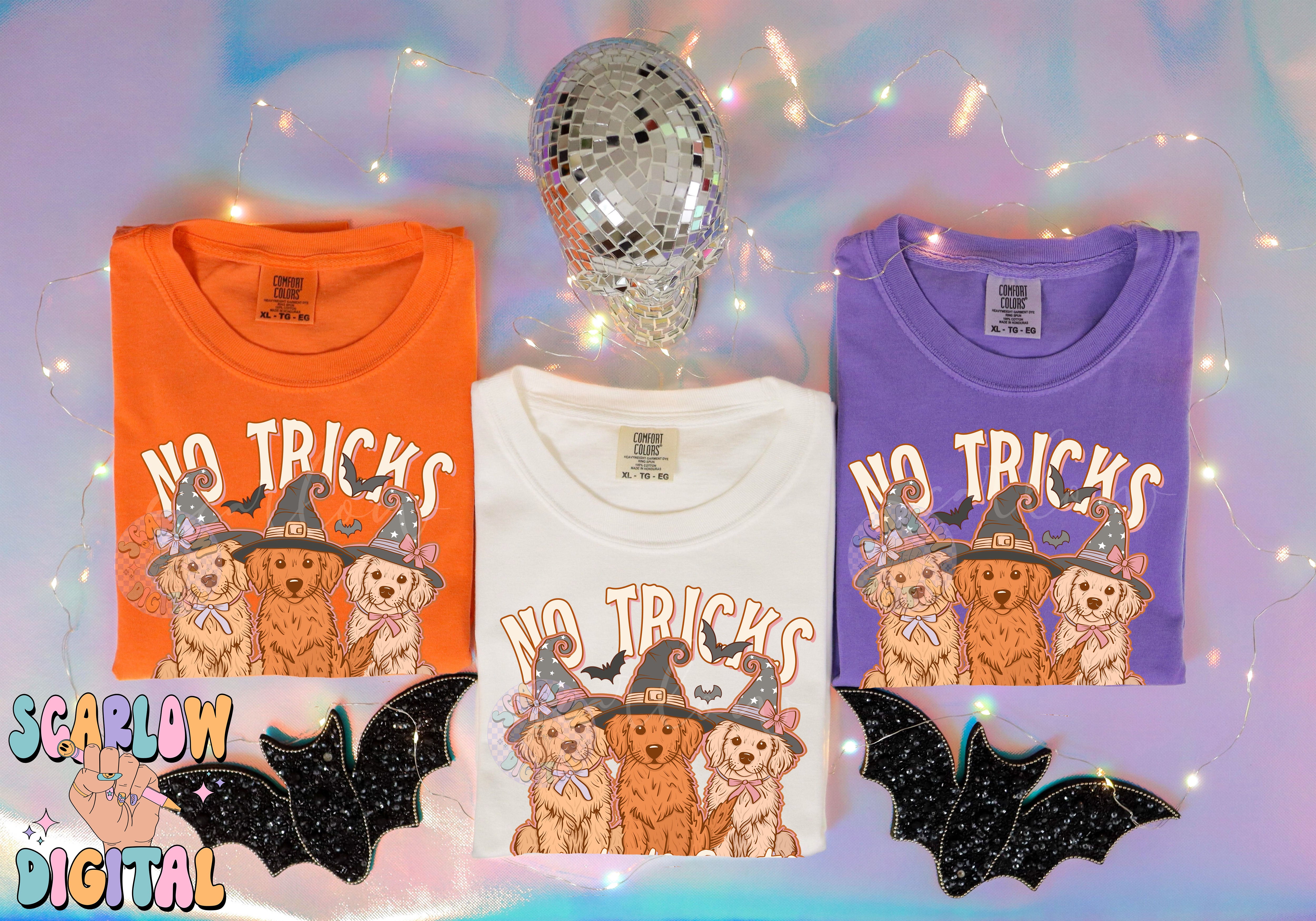 No Tricks Just Treats PNG Digital Design Download, Halloween png, golden retriever png, witches png, kids halloween png, spooky season png 2