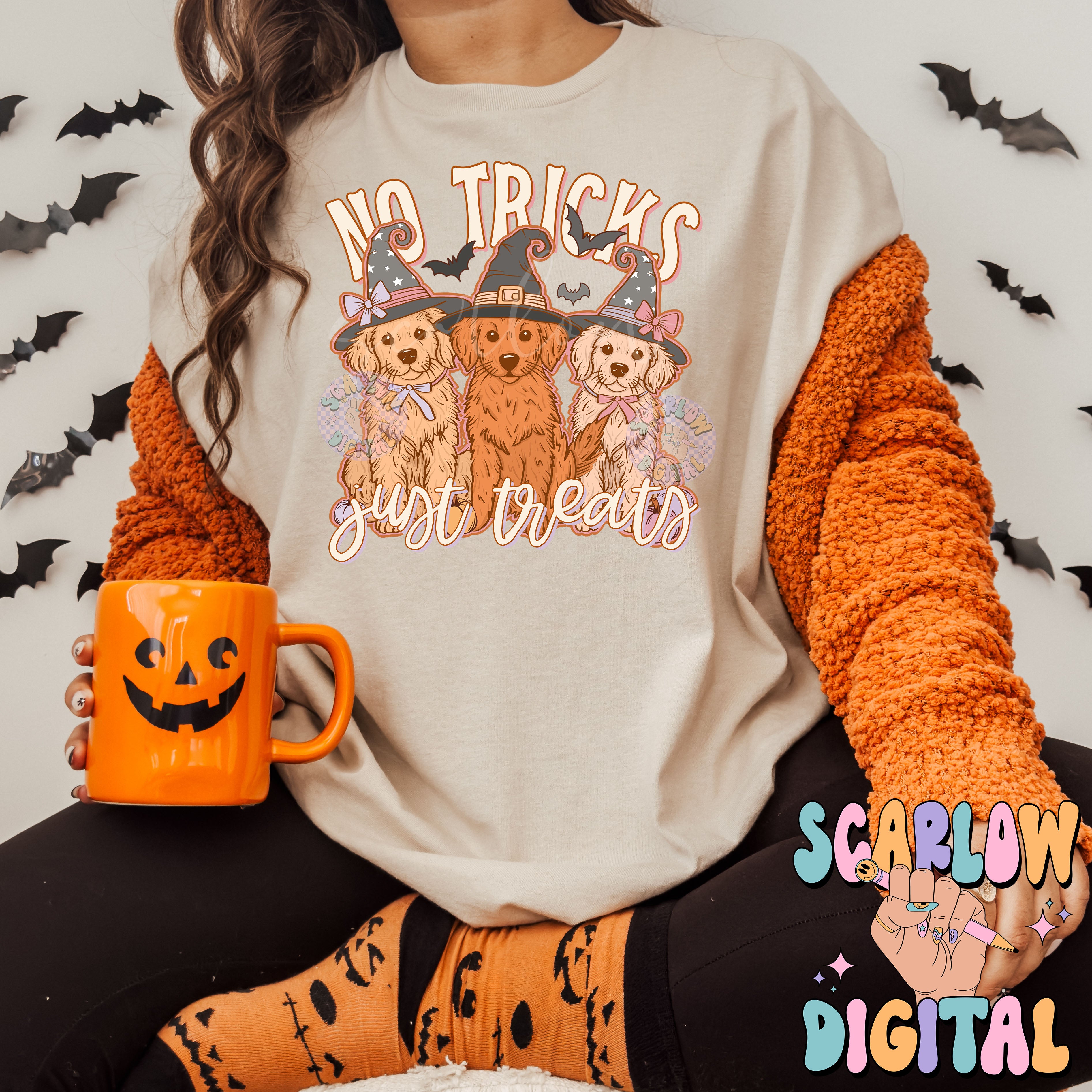 No Tricks Just Treats PNG Digital Design Download, Halloween png, golden retriever png, witches png, kids halloween png, spooky season png 4