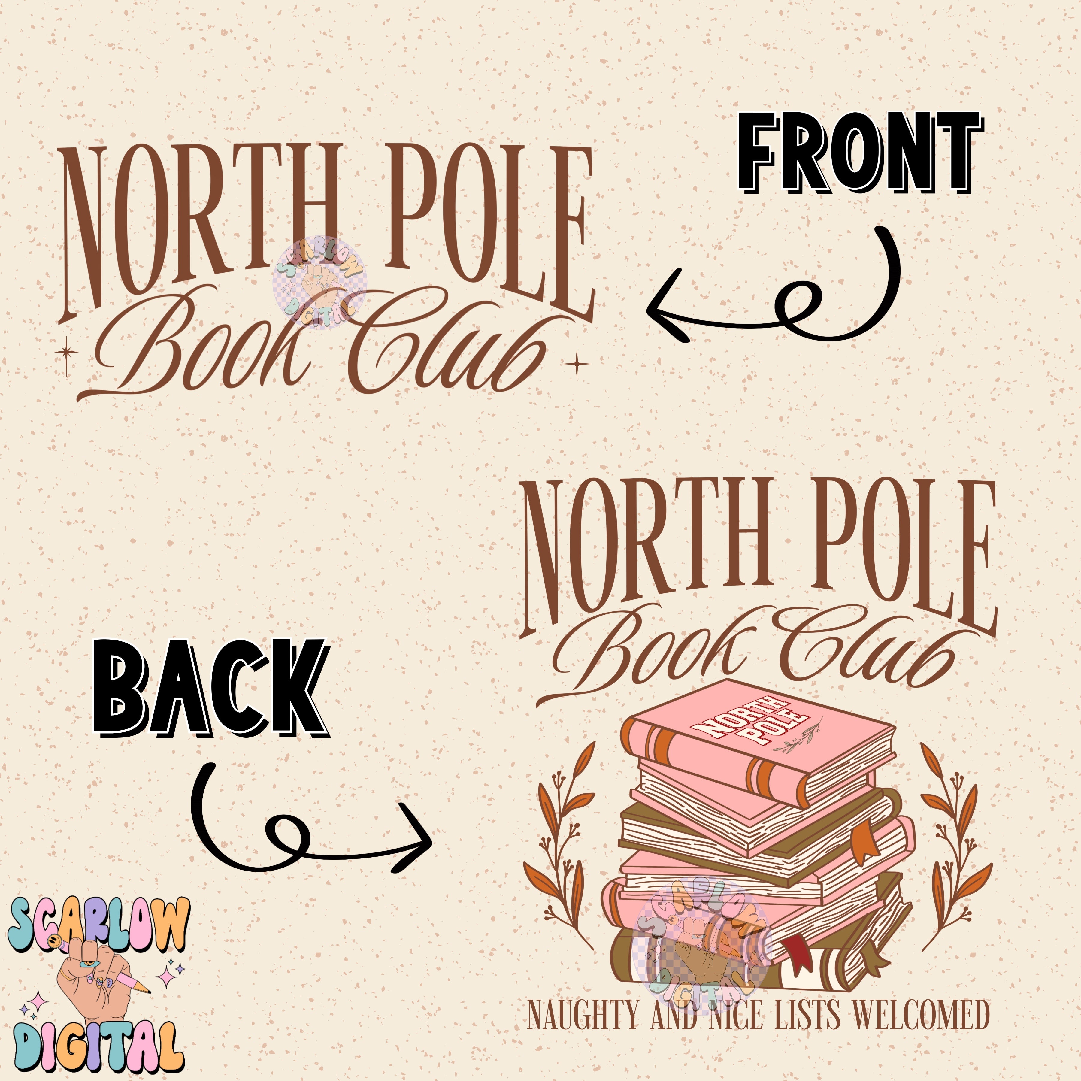 North Pole Book Club Front and Back PNG Digital Design Download, christmas png, reading png, book lover png, trendy christmas designs, whimsical christmas 2