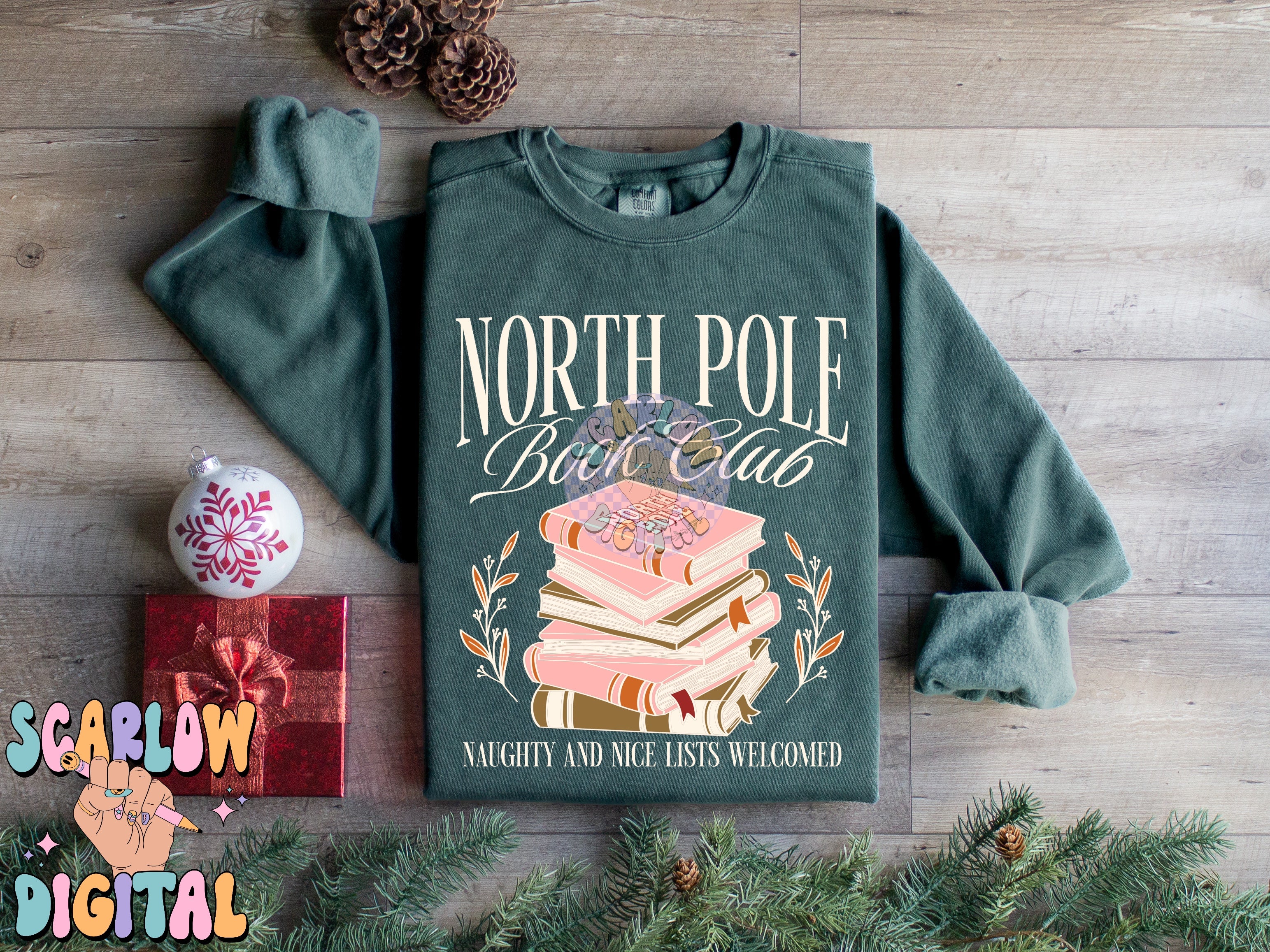 North Pole Book Club PNG Digital Design Download, christmas png, reading png, book lover png, trendy christmas designs, whimsical christmas 3