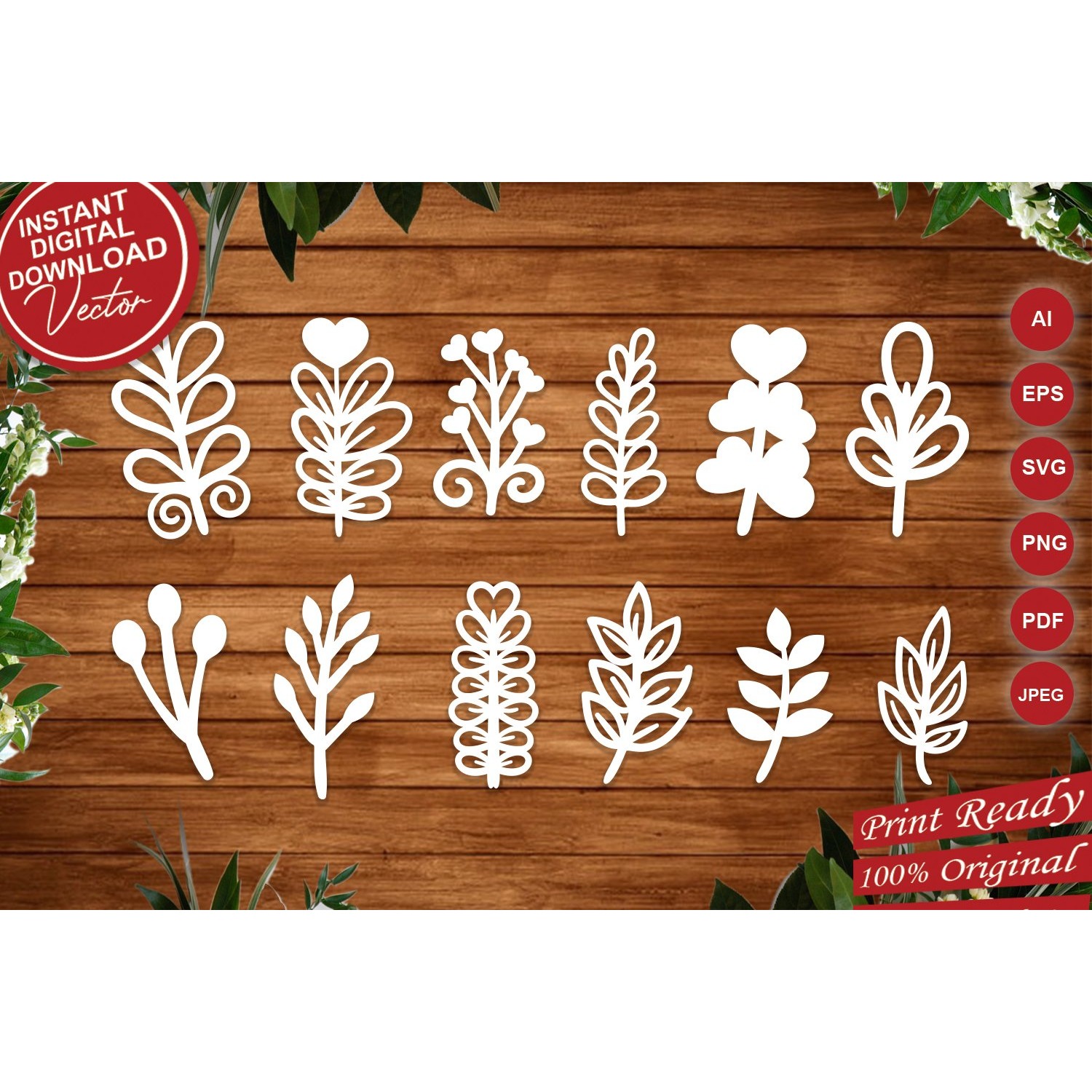 Papercut Botanical Stem Leaves SVG Clipart, Laser Cut Set