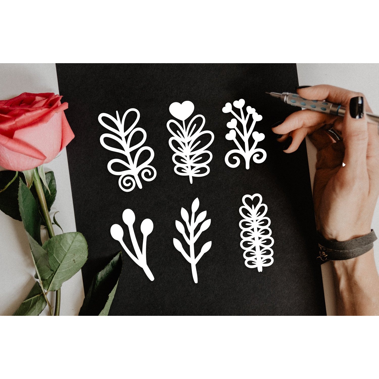 Papercut Botanical Stem Leaves SVG Clipart, Laser Cut Set 3