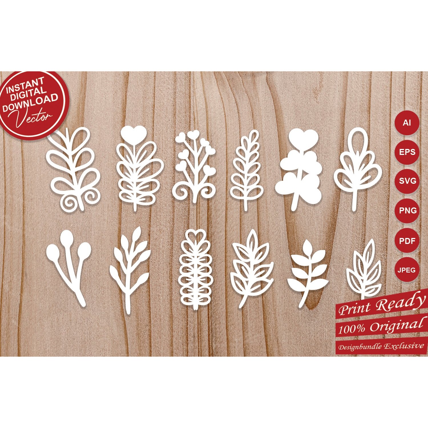 Papercut Botanical Stem Leaves SVG Clipart, Laser Cut Set 4