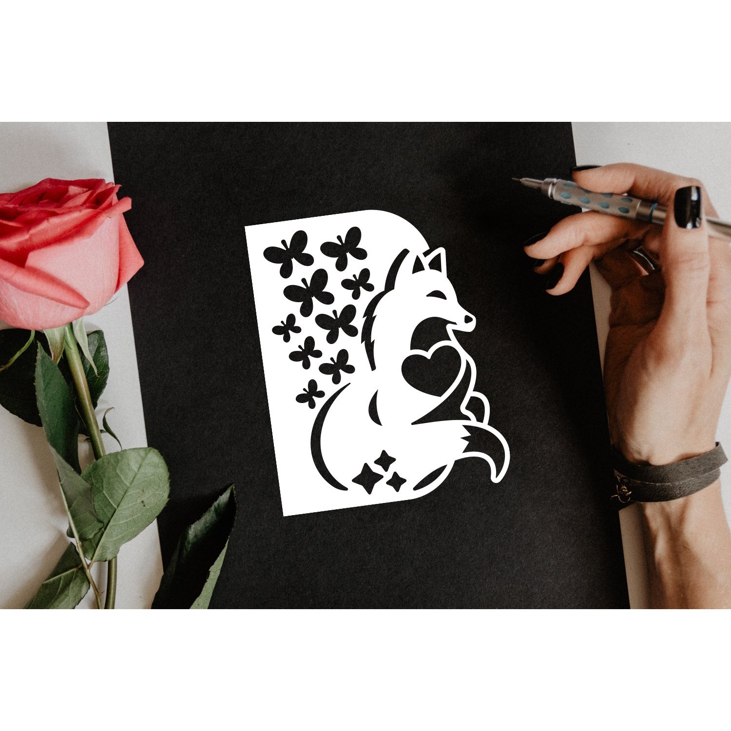 Papercut Fox with Butterflies and Heart Card Cover Design 4