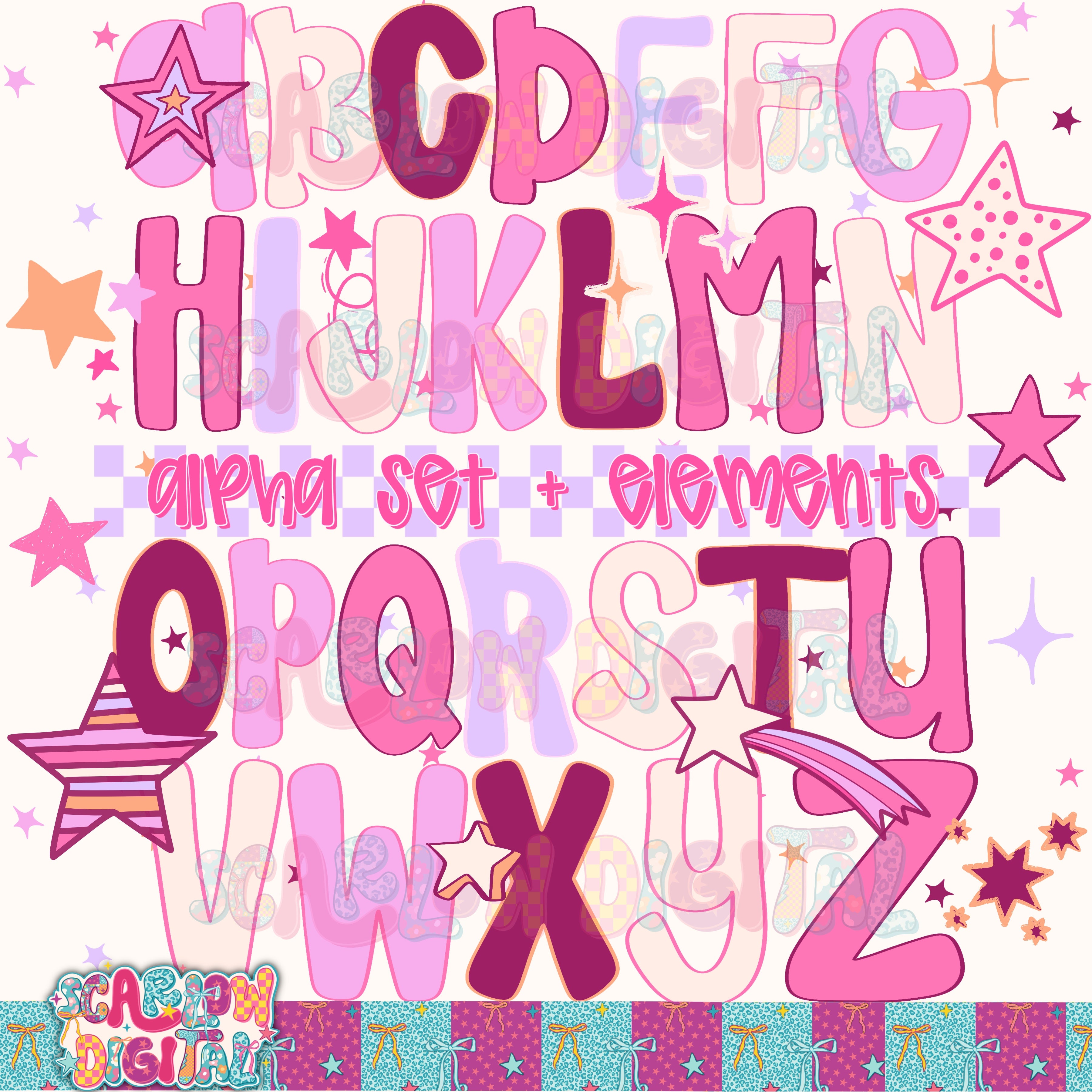 Pink and Purple Stars Alpha Set Digital Design