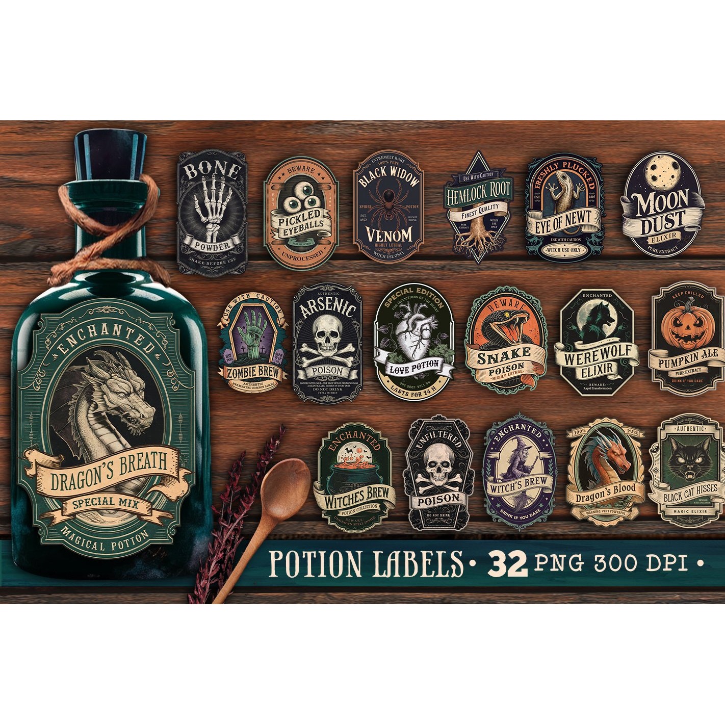 Potion Labels Bundle 32 designs PNG Apothecary Halloween 2