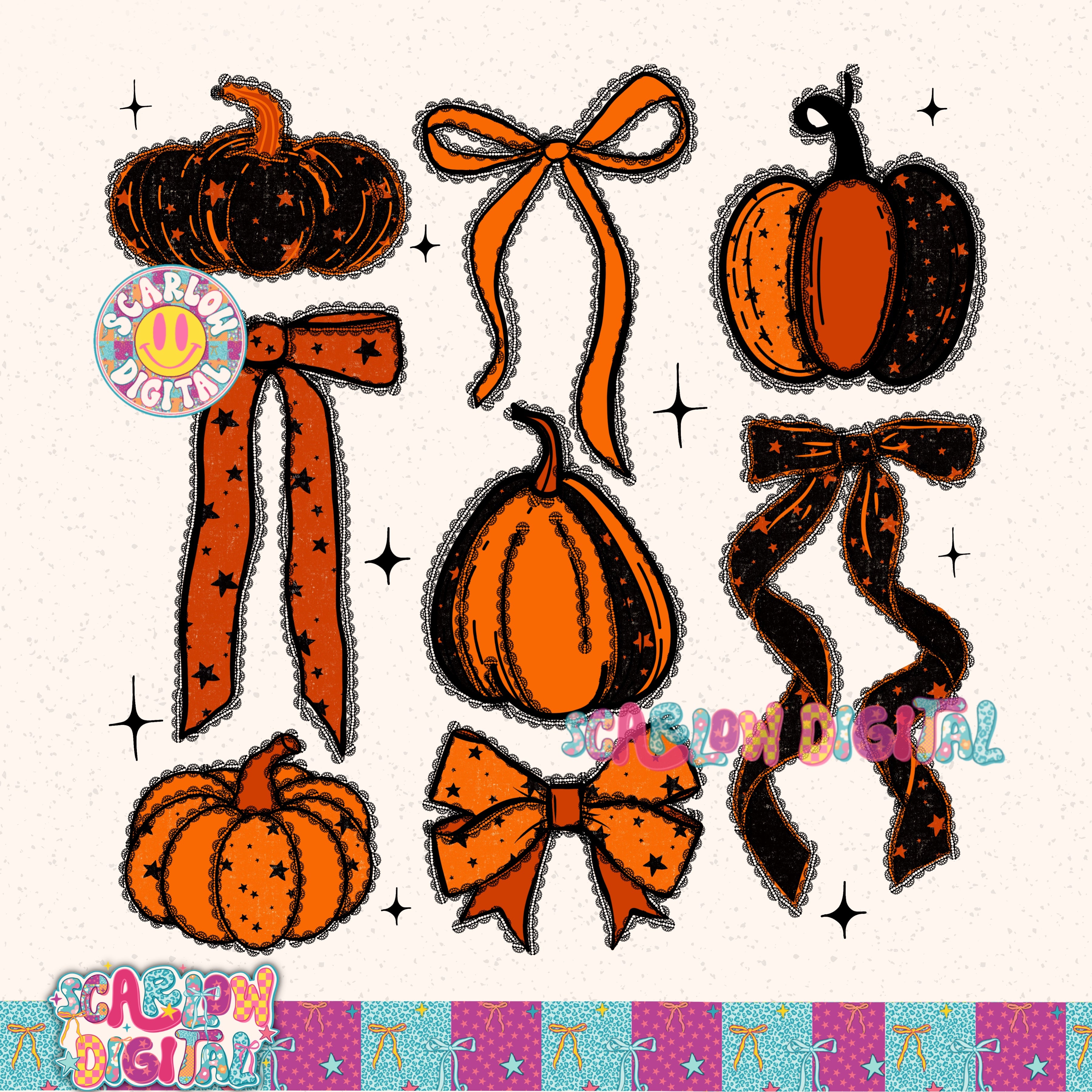 Pumpkins and Bows PNG Digital Design - Can NOT be used at clipart - Only use as one, flat PNG image!