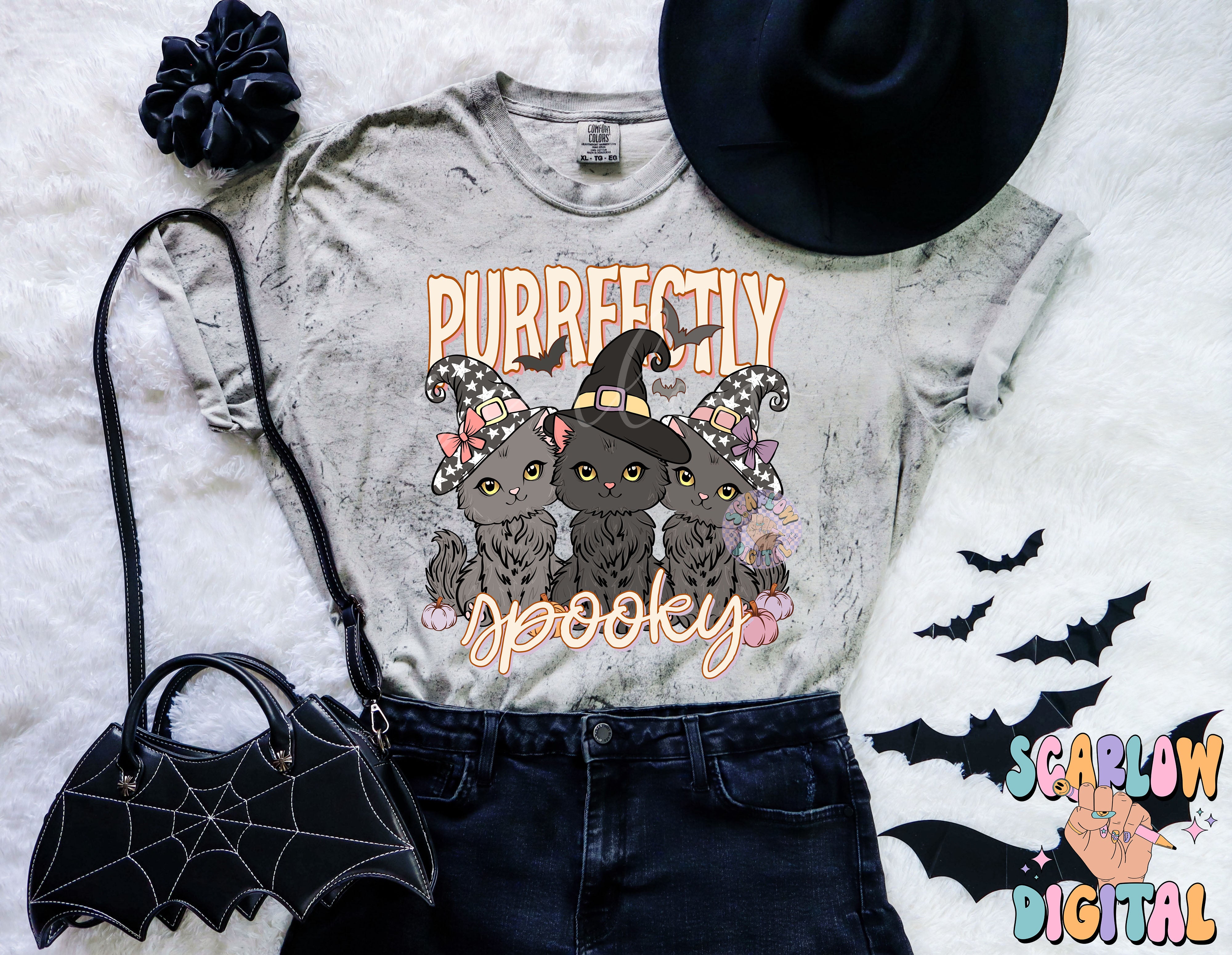 Purrfectly Spooky PNG Digital Design Download, Halloween png, black cats png, spooky season png, fall png, witchy png, kids png designs 4