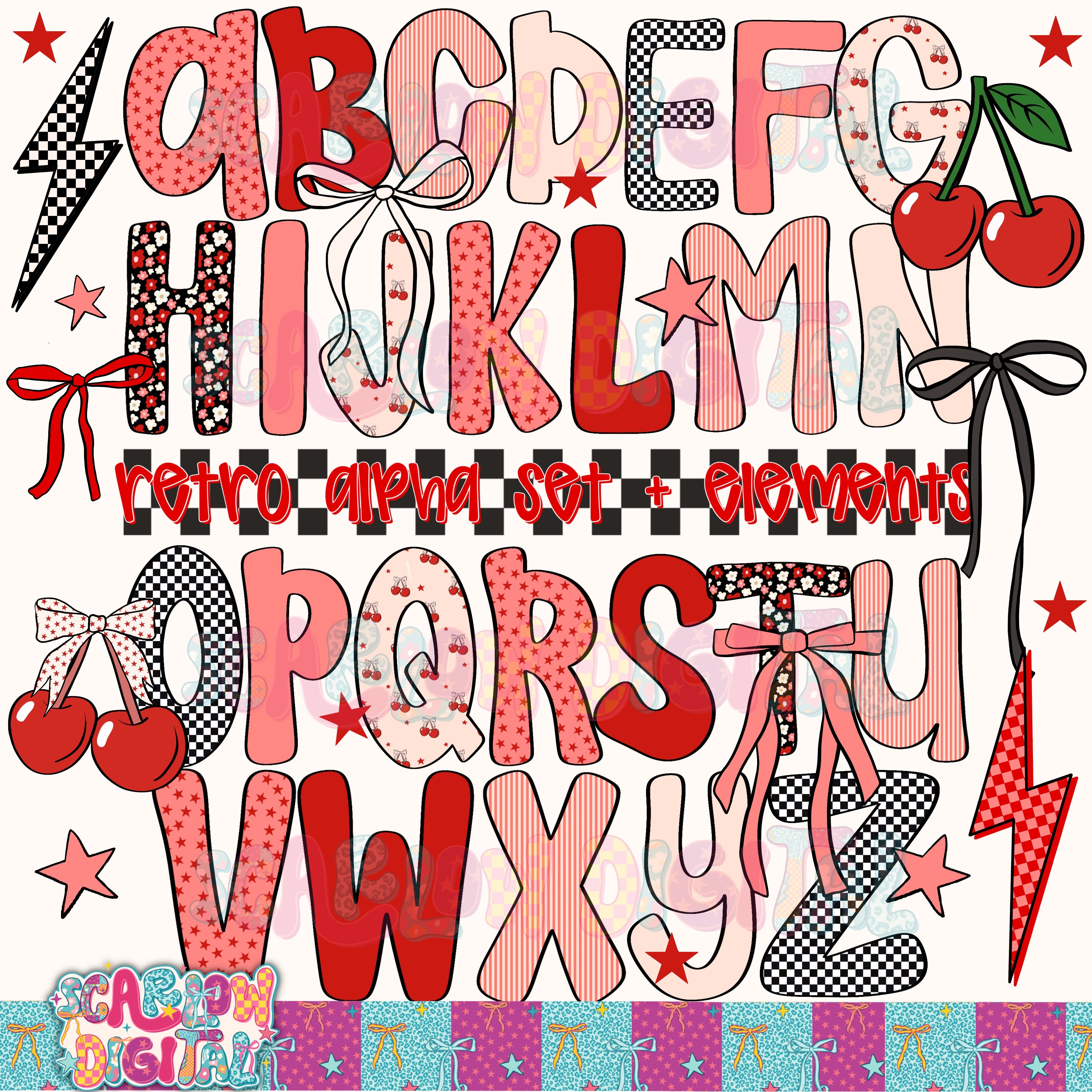 Retro Cherries Alphabet Set Digital Design