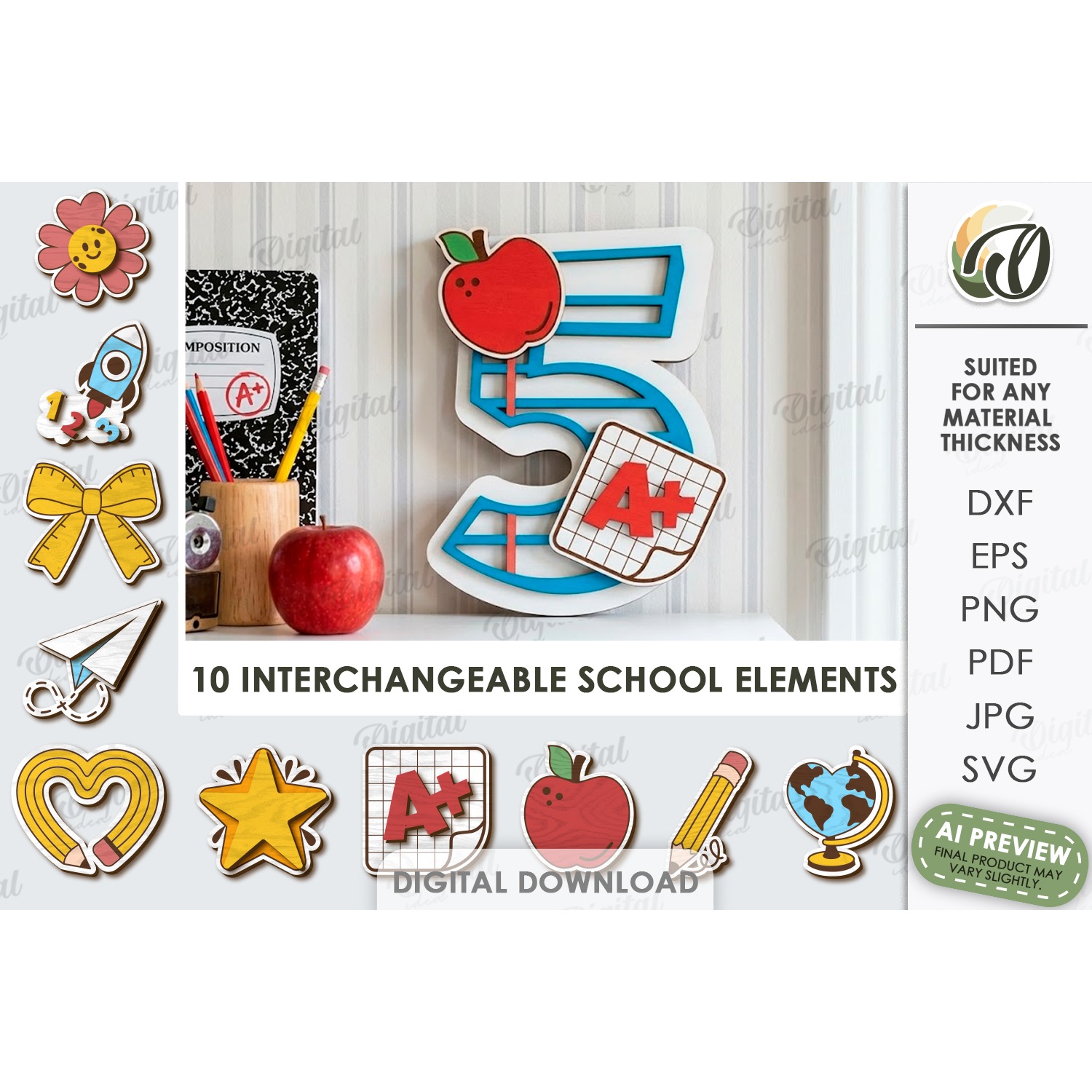 School Number Interchangeable Decor Laser Cut. Five SVG