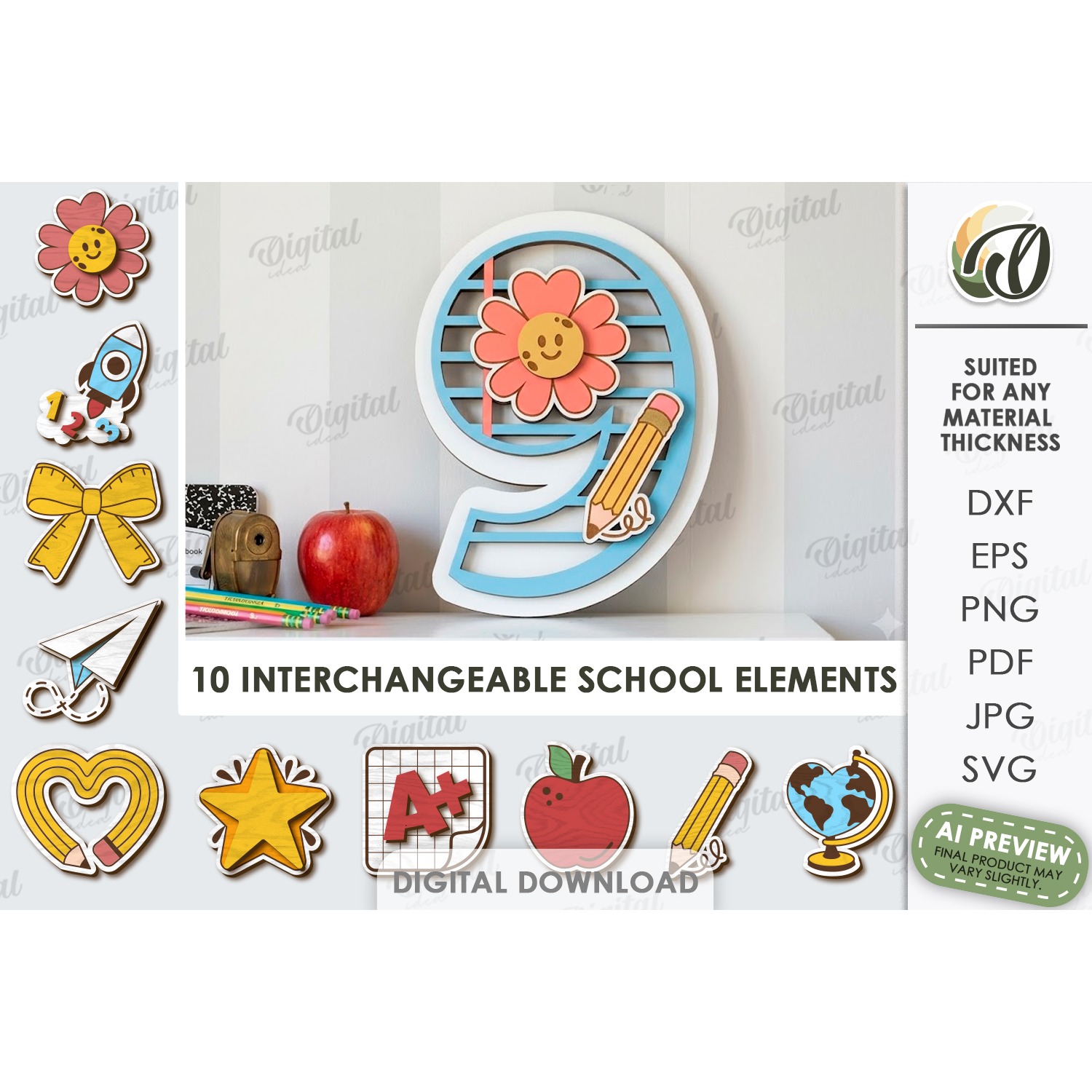 School Number Interchangeable Decor Laser Cut. Nine SVG
