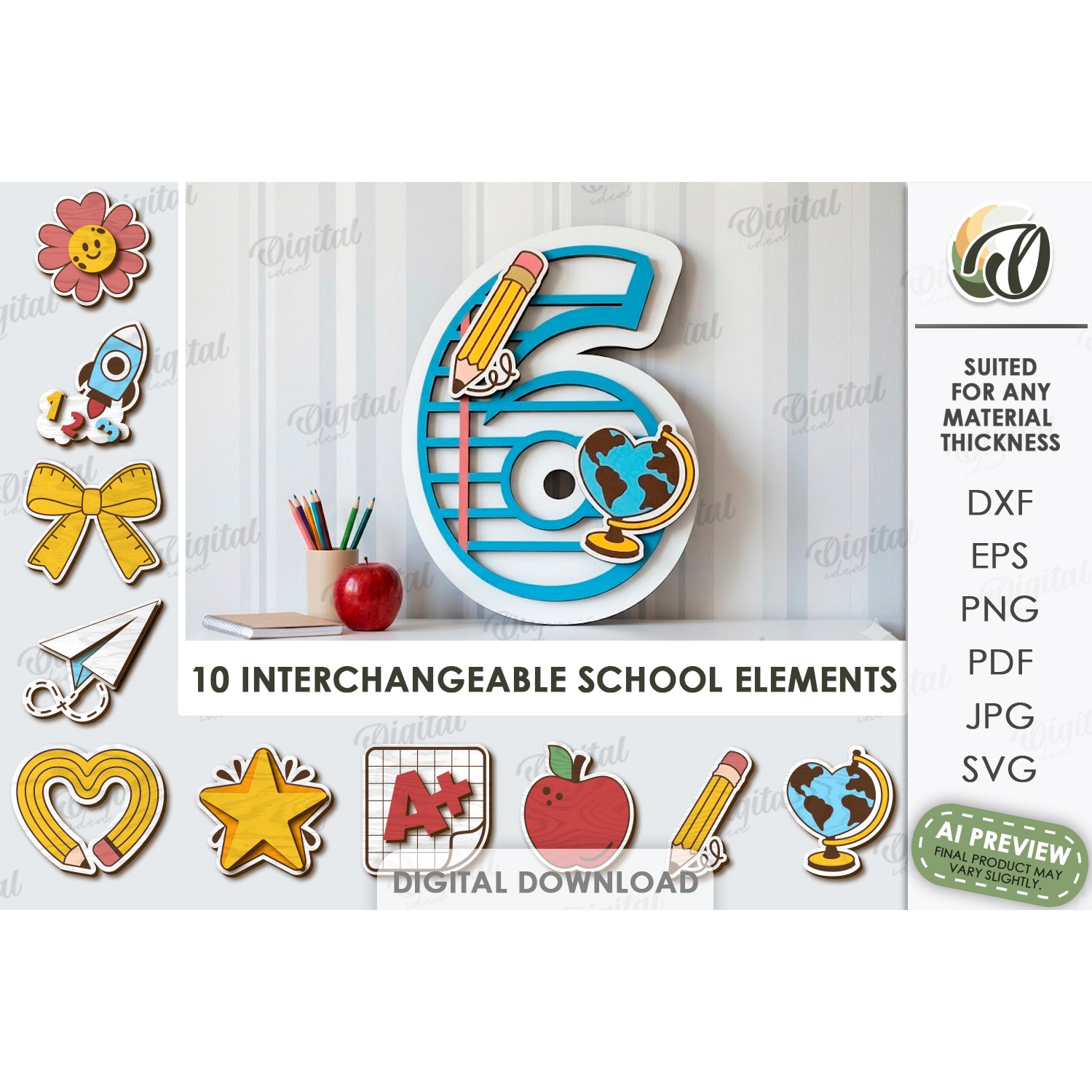 School Number Interchangeable Decor Laser Cut. Six SVG