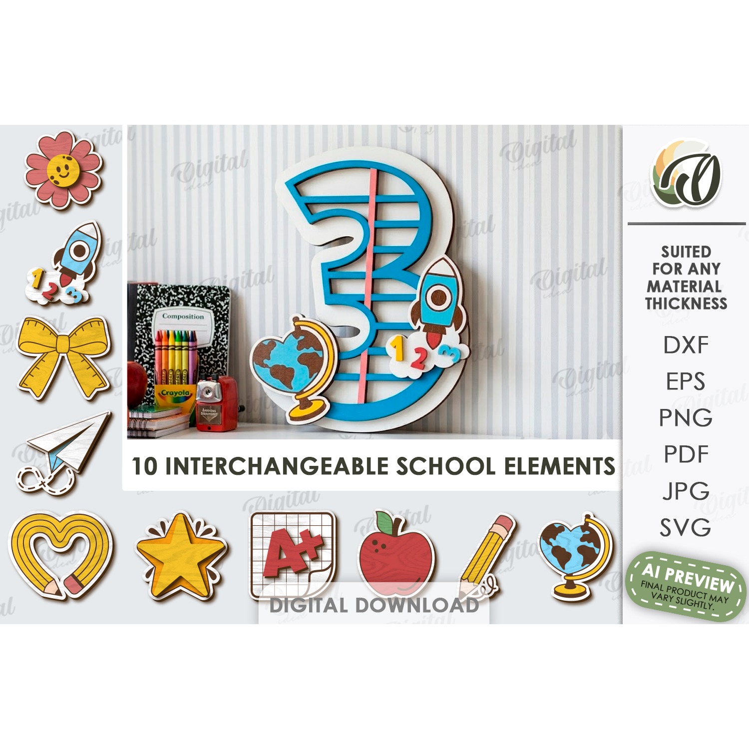 School Number Interchangeable Decor Laser Cut. Three SVG