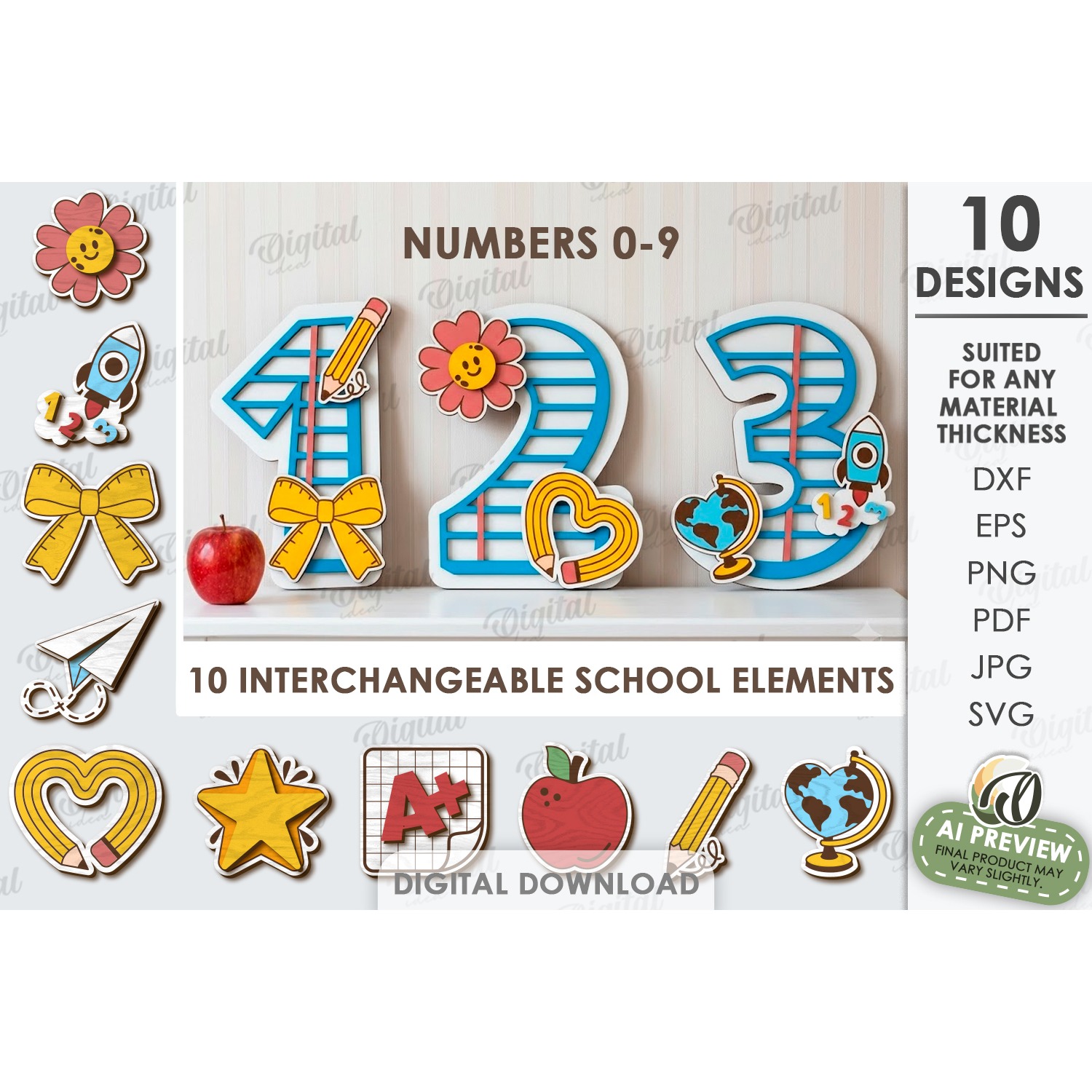 School Number Interchangeable Decors Bundle Laser Cut