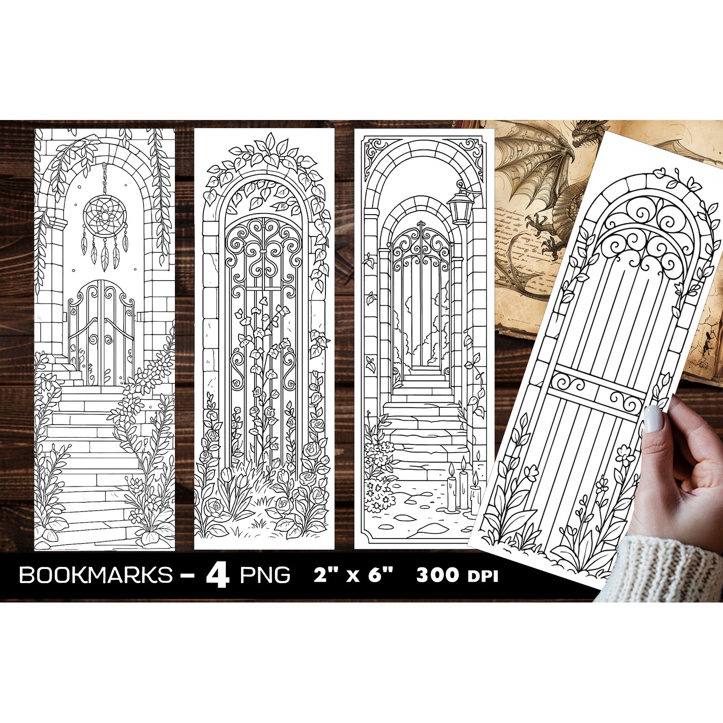 Secret Gate coloring bookmark, Romantic garden gate bookmark