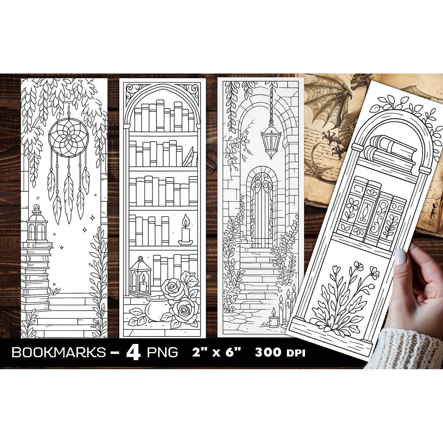 Secret Library coloring bookmark, Abandoned Library bookmark