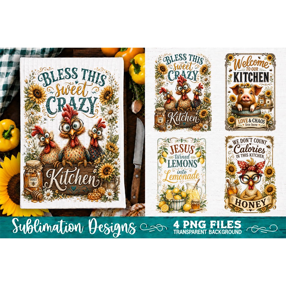 Sunflower Kitchen Towels PNG Sublimation Designs 4 Files