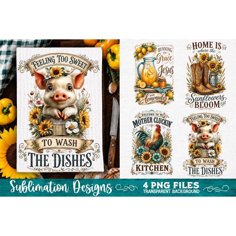 Sunflower Kitchen Towels PNG Sublimation Designs 4 Files (2)