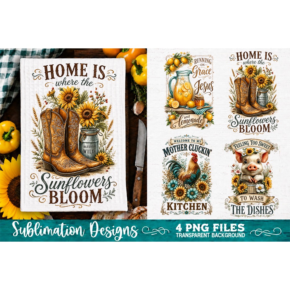 Sunflower Kitchen Towels PNG Sublimation Designs 4 Files (2) 2