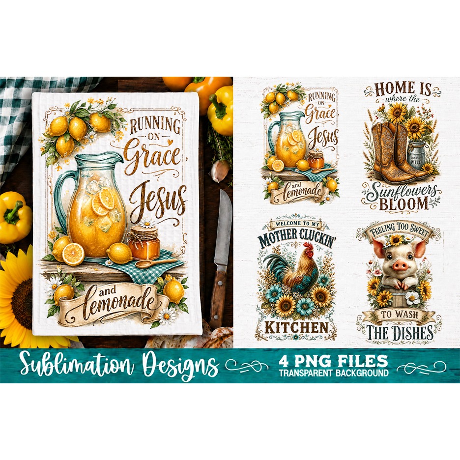 Sunflower Kitchen Towels PNG Sublimation Designs 4 Files (2) 4