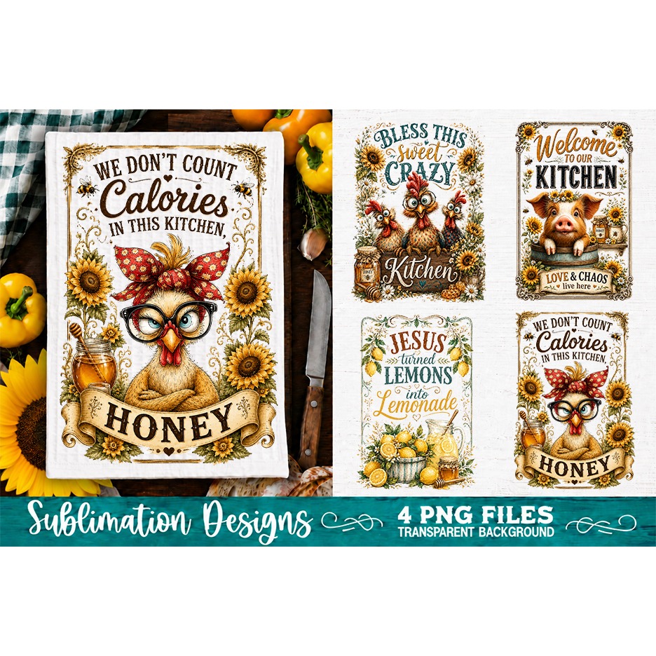 Sunflower Kitchen Towels PNG Sublimation Designs 4 Files 4