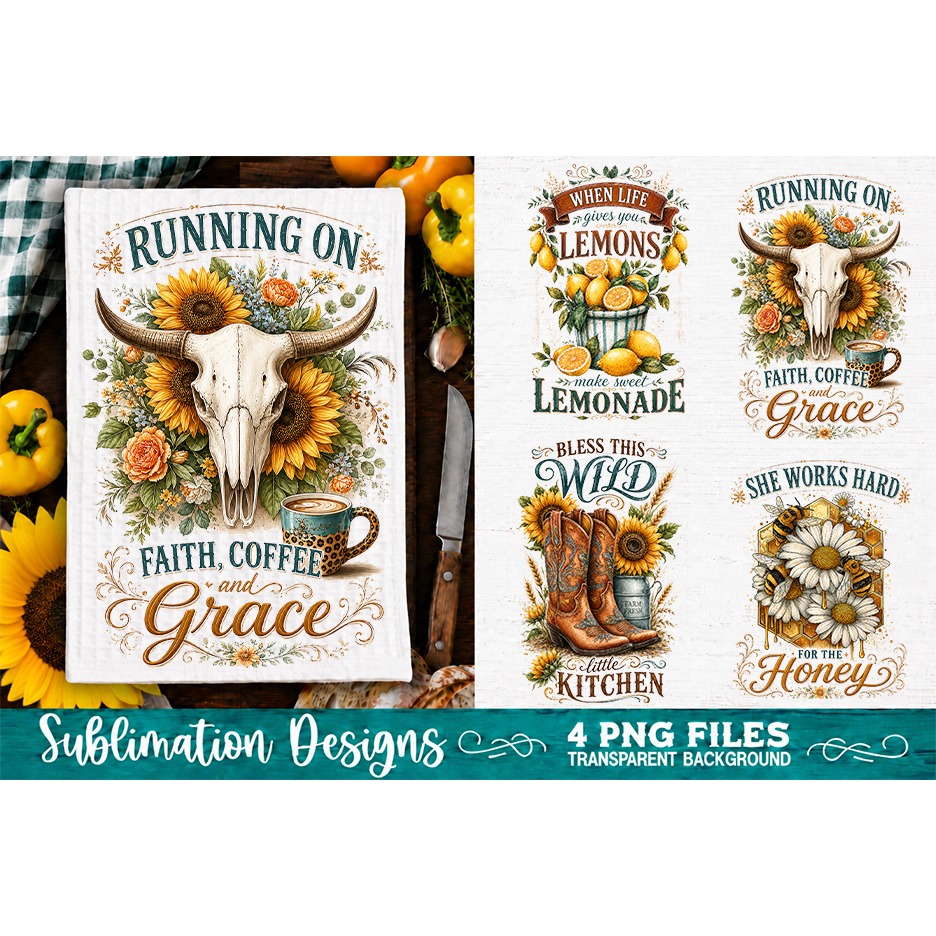 Sunflower Kitchen Towels PNG Sublimation Designs 4 Files (4)