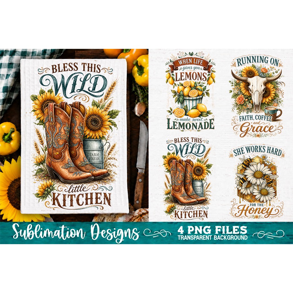 Sunflower Kitchen Towels PNG Sublimation Designs 4 Files (4) 2