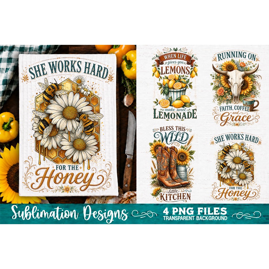 Sunflower Kitchen Towels PNG Sublimation Designs 4 Files (4) 3